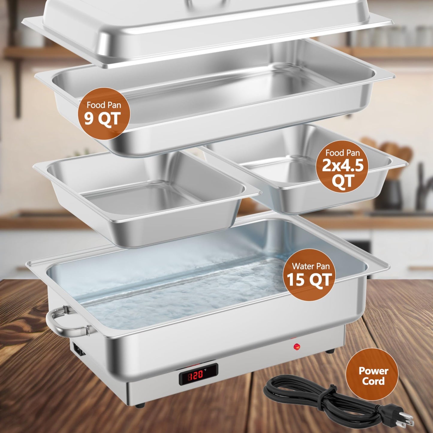 Garvee 2 PACK Electric Chafing Dish Buffet Set 9QT Buffet Food Servers and Warmers Digital Display Temperature with 1 Full-size Pan & 2 Half-size Pan Stainless Steel for Parties Weddings Caterings