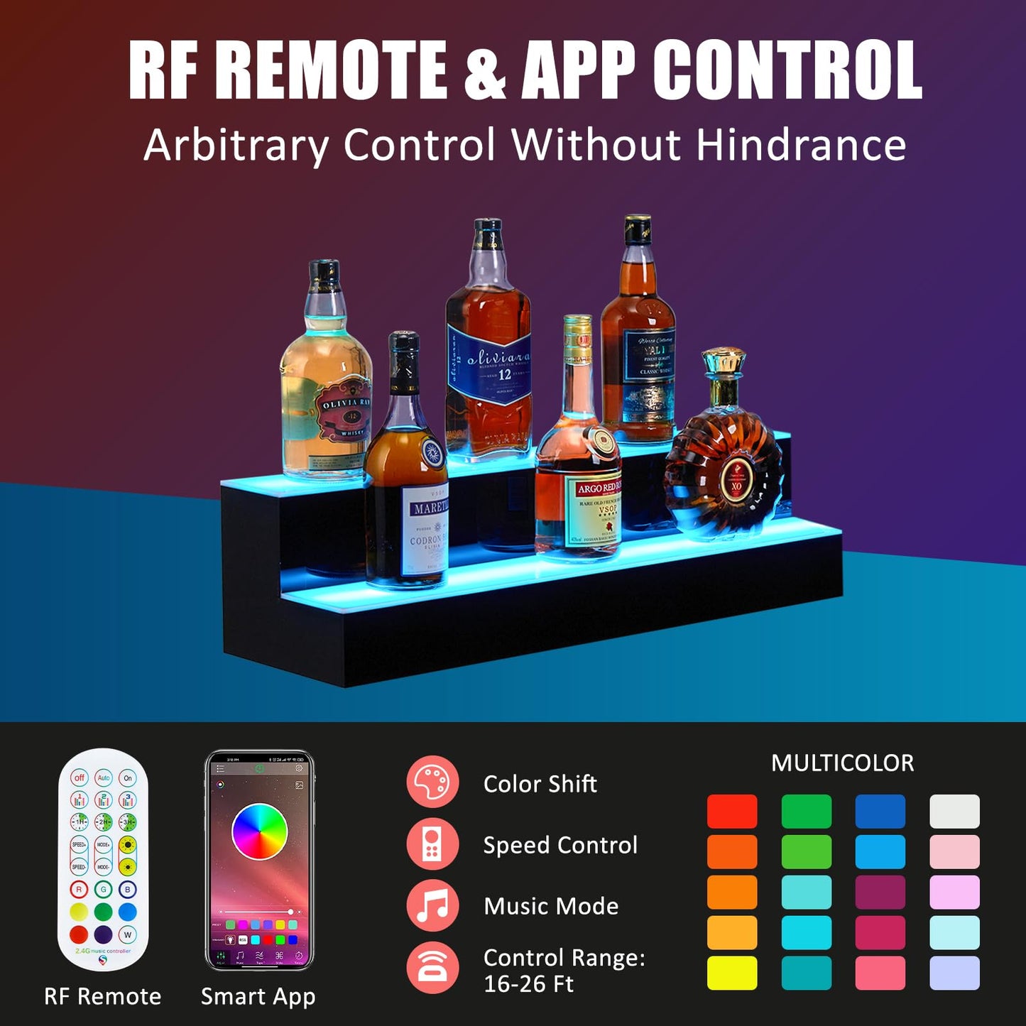 Garvee 24" LED Acrylic Bar Bottle Display Shelf - 2-Tier Commercial/Home Liquor Shelf with Remote & App Control, 20 Static Colors, USB-Powered