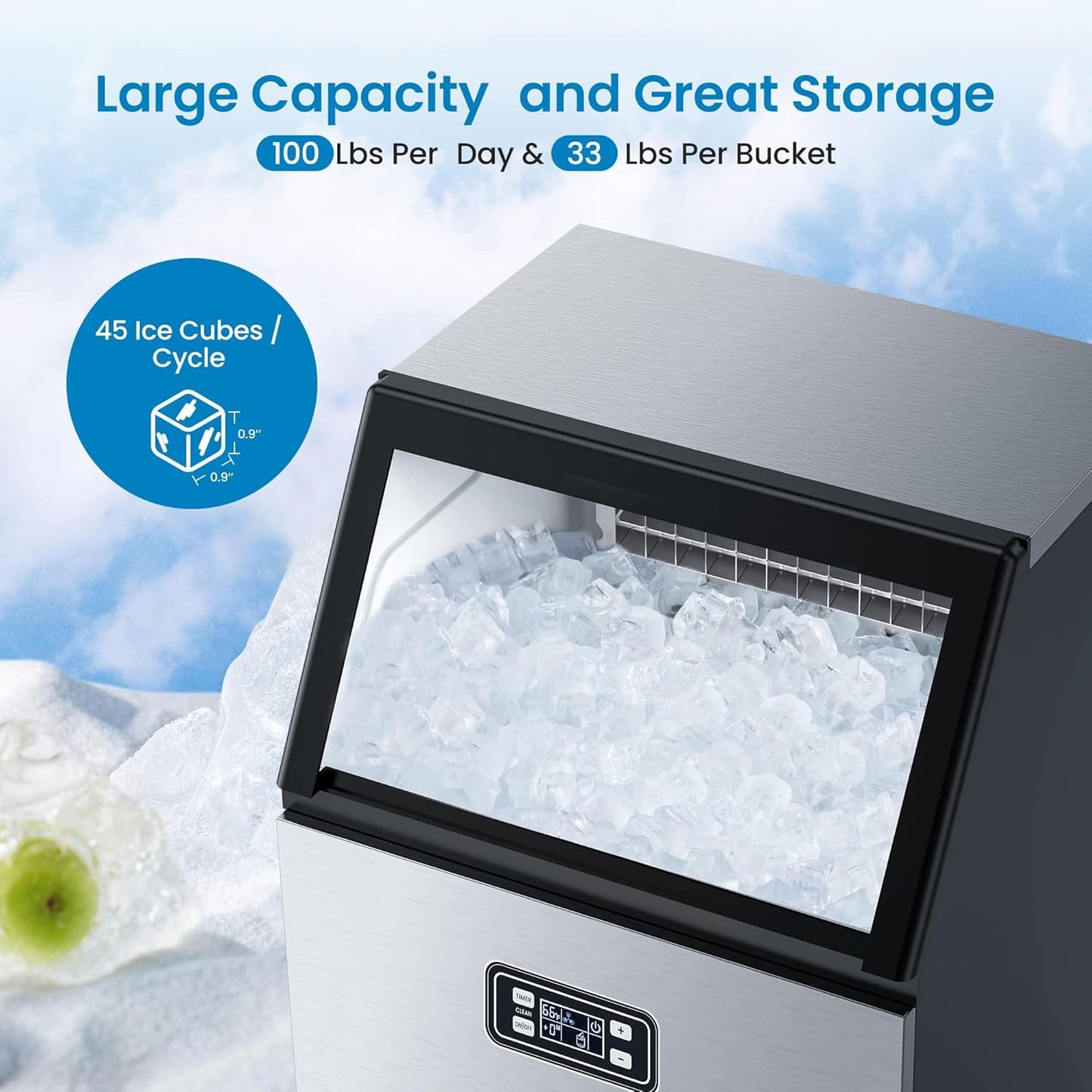 Garvee Ice Maker Machine with 33LBS Storage Bin& Ice Scoops 100LBS/24H Ice Maker Stainless Steel Freestanding Ice Machine for Restaurant Home Bars Coffee Shop