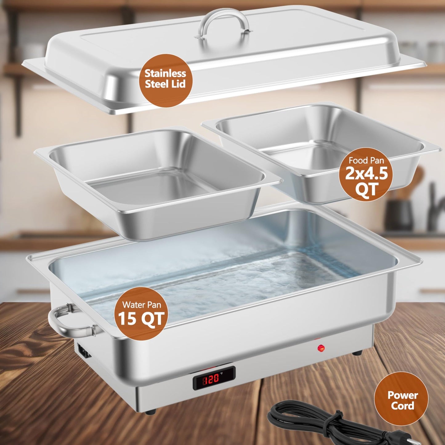 Garvee 2 Pack Electric Chafing Dish Buffet Set, 2 x 4.5QT Food Servers and Warmers, Stainless Steel Commercial Catering Food Warmers with Temperature Control Display for Weddings, Parties and Festivals