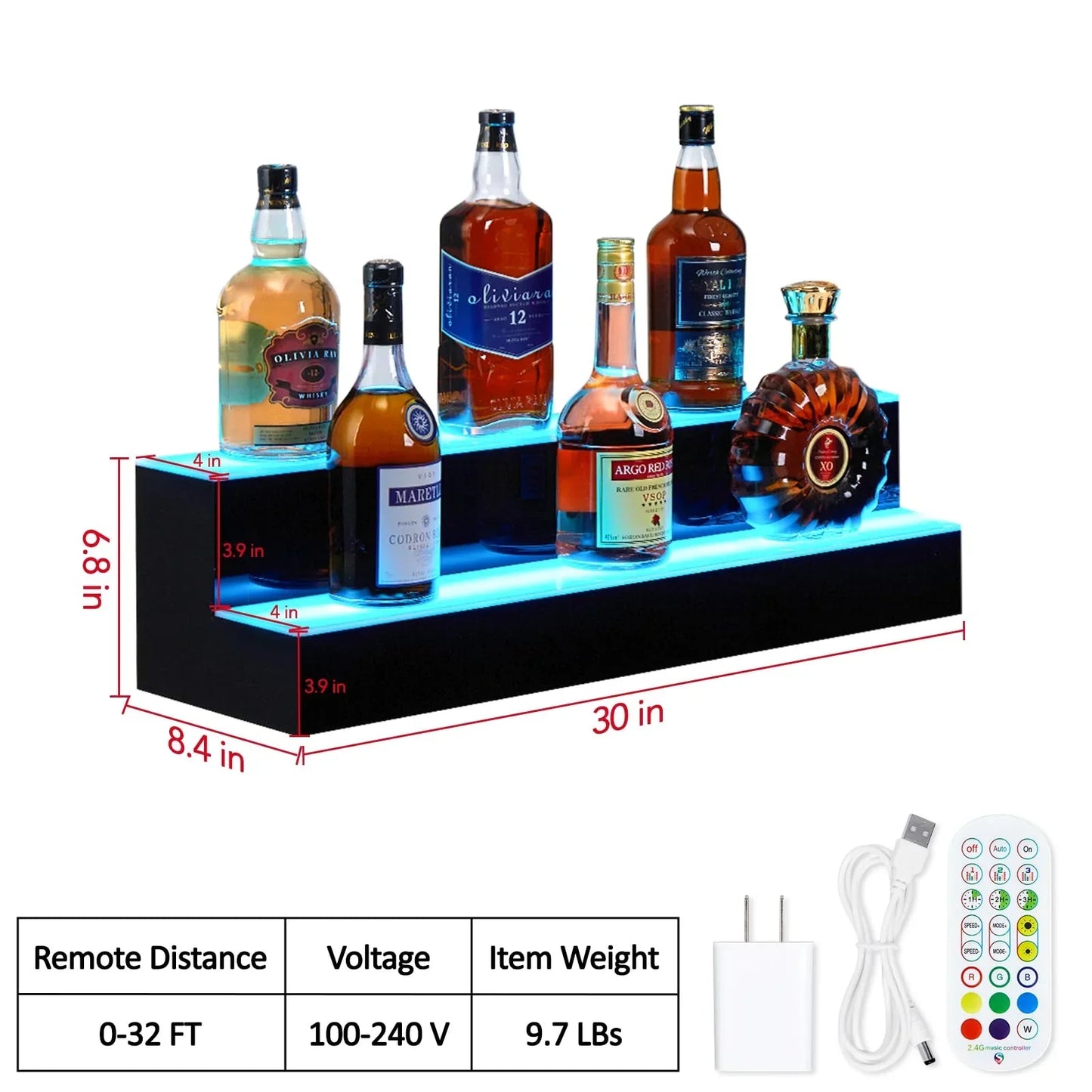 Garvee LED Lighted Liquor Bottle Display, 2 Tier 30 Inch Wall Mounted Acrylic Liquor Shelf with Wine Holder Slots, 4 Modes, 16 Colors, Remote & App Control for Home Commercial Bar