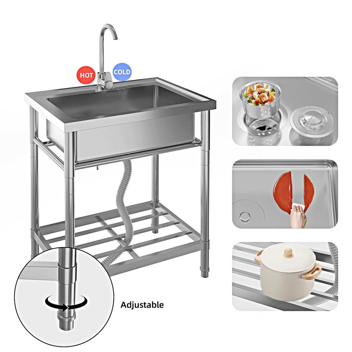 Garvee 20"D X 28"W X 34"H Free Standing Utility Sink Single Bowl Stainless Steel Commercial Kitchen Sink with Hot and Cold Water Pipes for Indoor and Outdoor Use