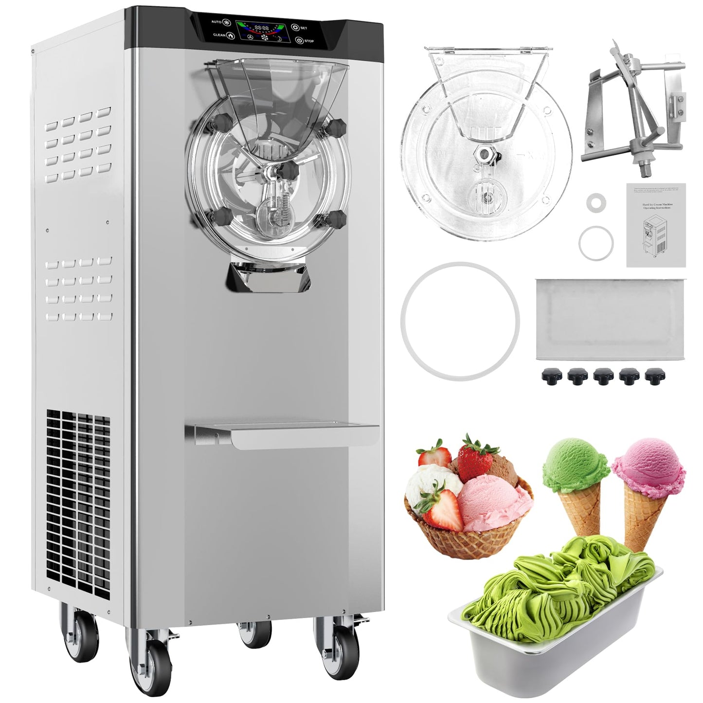 Garvee 2200W Commercial Hard Ice Cream Machine - 6.3Gal/H High Output, Self-Cleaning LCD Touch Screen for Cafes, Bubble Tea Shops & Restaurants (FDA Stainless Steel)