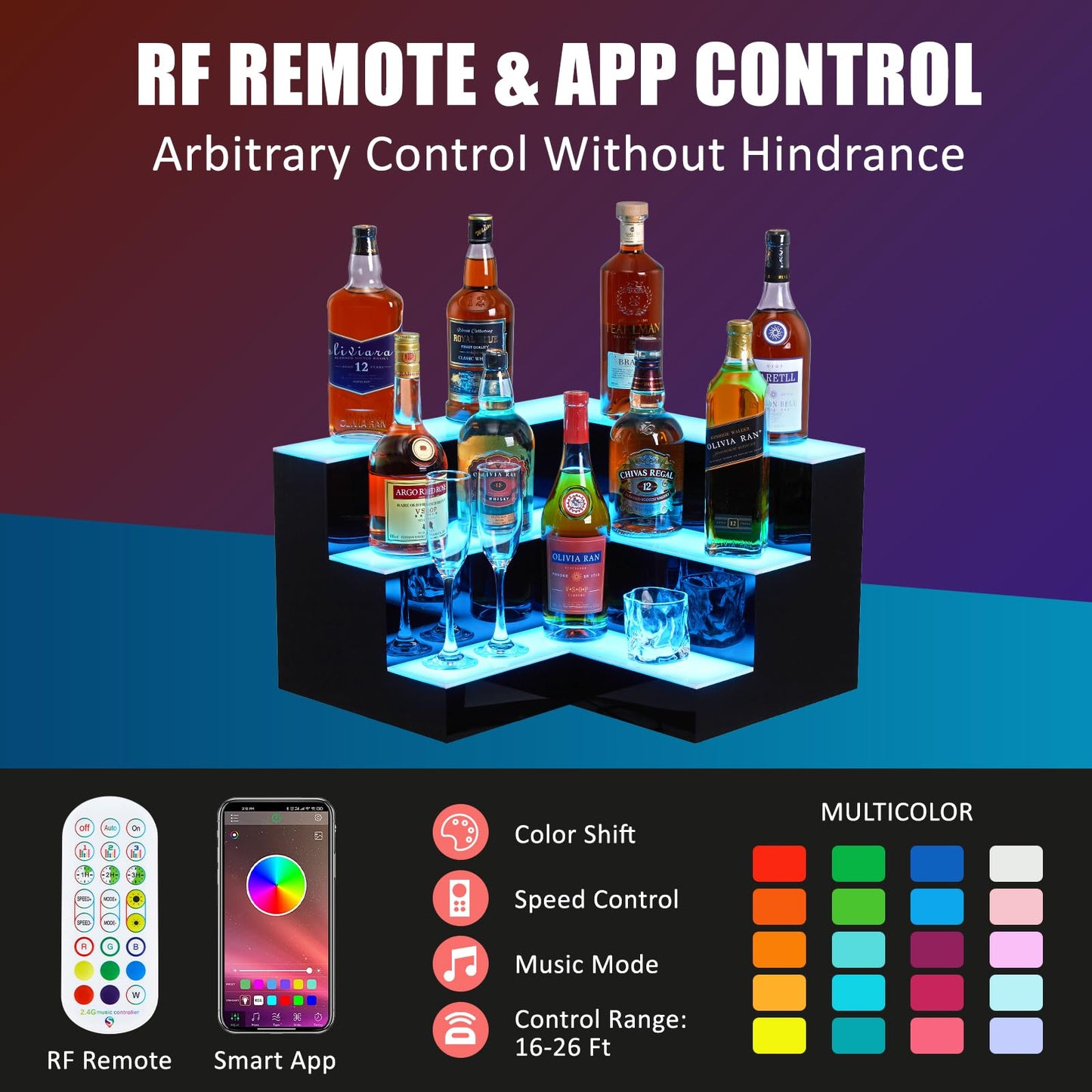 Garvee 24-Inch Smart LED Liquor Display Cabinet - App-Controlled L-Shaped Acrylic Shelf for Home Bar or Commercial Use | 180-Bottle Capacity