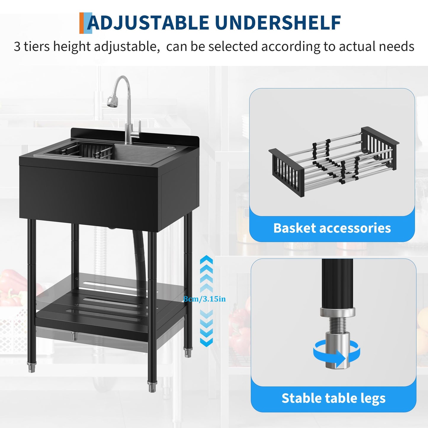 Garvee 21"D X 26"W X 40"H Commercial Stainless Steel Utility Sink With Hot & Cold Water Faucet, Drain Basket For Indoor & Outdoor Use, Black