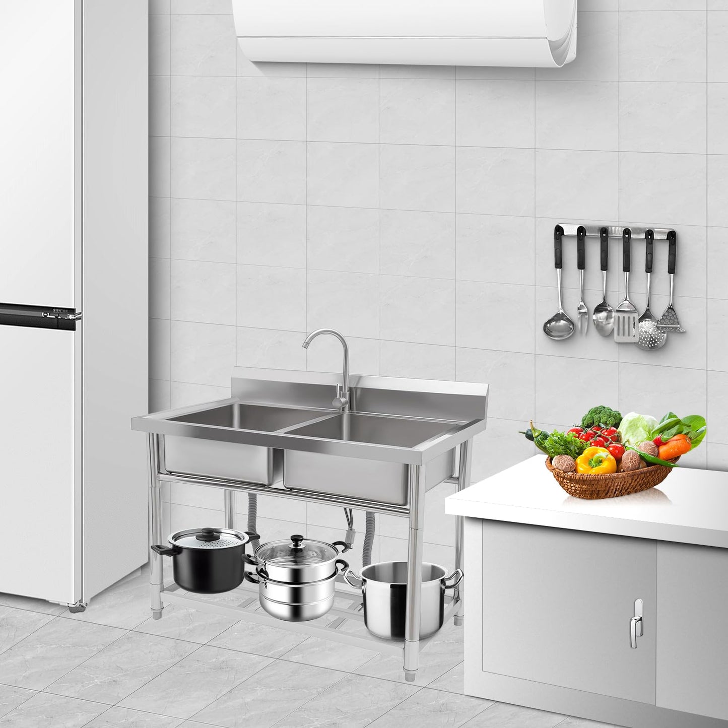 GARVEE 39.4"W x 19.7"D x 33.5"H Stainless Steel Utility Sink - Freestanding Double Bowl Prep Sink with Undershelf, Hot & Cold Water Pipes, and Faucet for Restaurants, Laundry Rooms, Garages, Bars, and Workshops