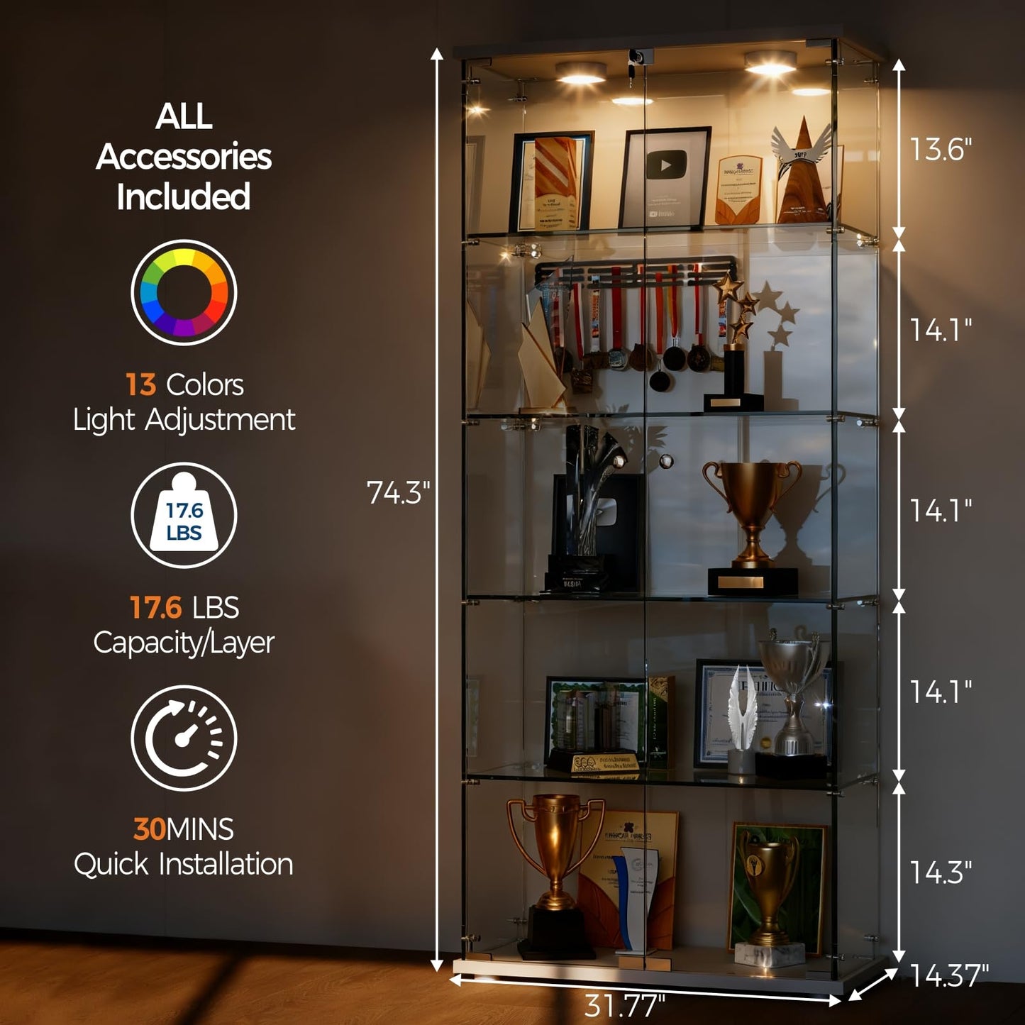 GARVEE Glass Display Case with LED Lights 32"L x 14"W x 74"H Tempered Glass Display Case, 5 Adjustable Lighted Bar Shelves with Lock, Slim Depth for Bar Bottle Storage, Living Room, Bedroom, or Office (White)