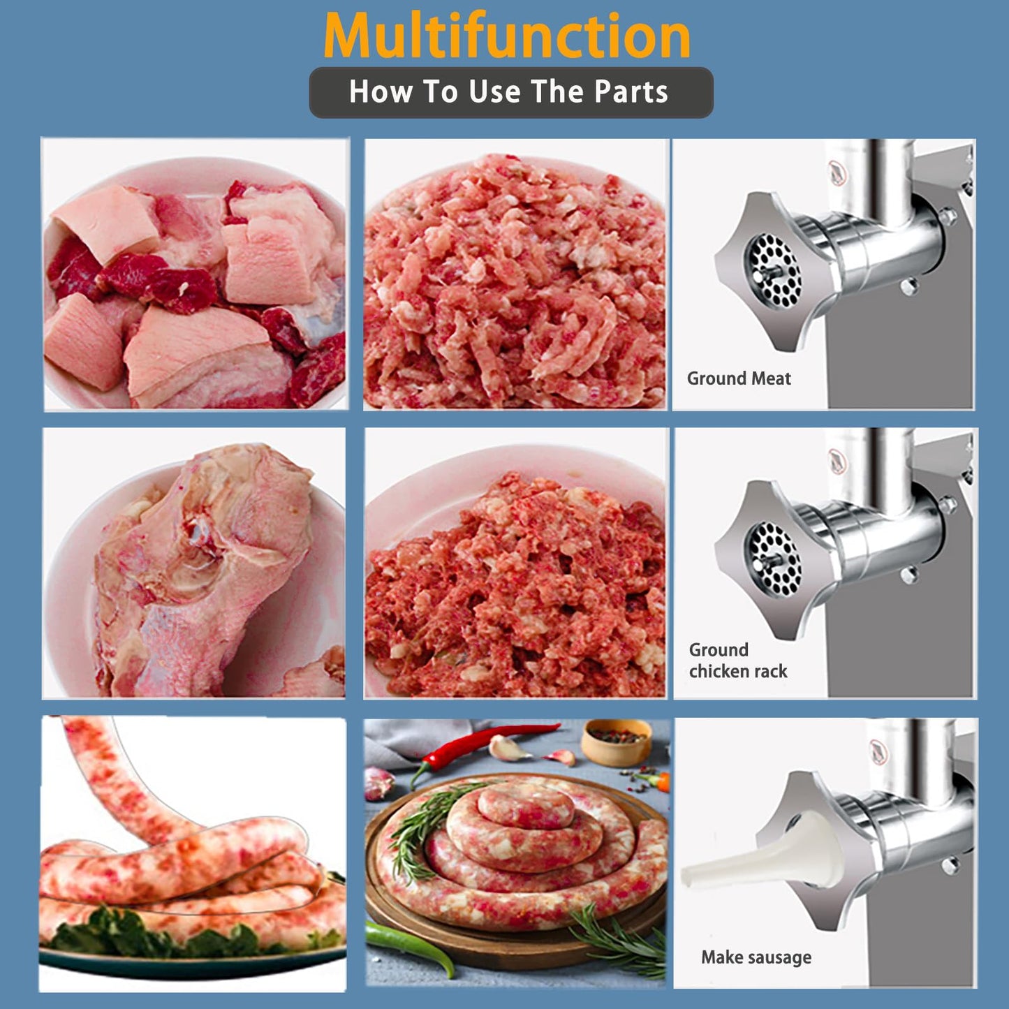 GARVEE Commercial Meat Grinder - 800W Max, Heavy-Duty Stainless Steel Electric Grinder, 265 lbs/H with 2 Blades, 2 Plates, and Sausage Stuffer Tube for Home Kitchen