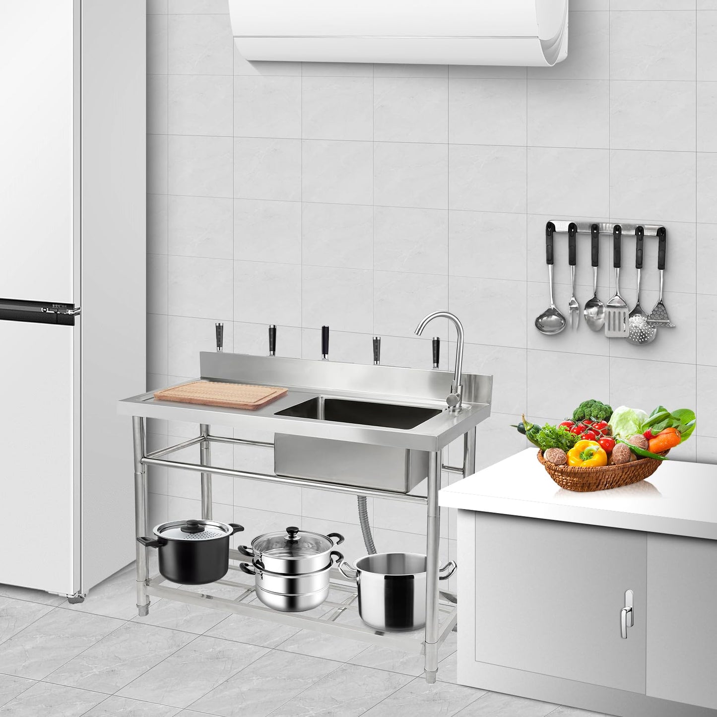 GARVEE 47.2"W x 19.7"D x 37.4"H Freestanding Stainless Steel Utility Sink - Single Bowl Prep Sink with Workbench, Hot & Cold Water Pipes, and Faucet for Restaurants, Laundry Rooms, Garages, Bars, and Workshops