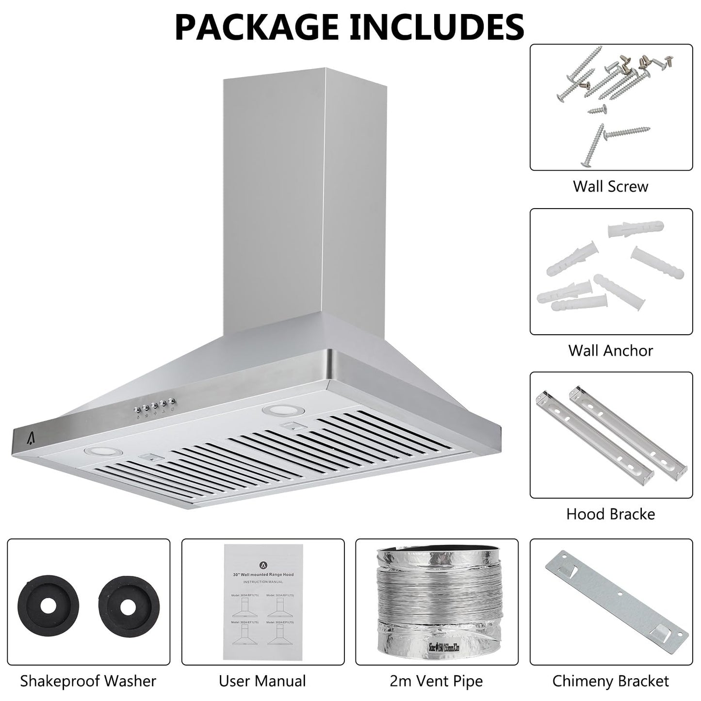 Garvee Range Hood 30 inch, Wall Mount Range Hood in Stainless Steel, Ducted/Ductless Convertible Duct, Kitchen Hood w/Baffle Filters, 3 Speed Fan, LED Light, Push Button Control