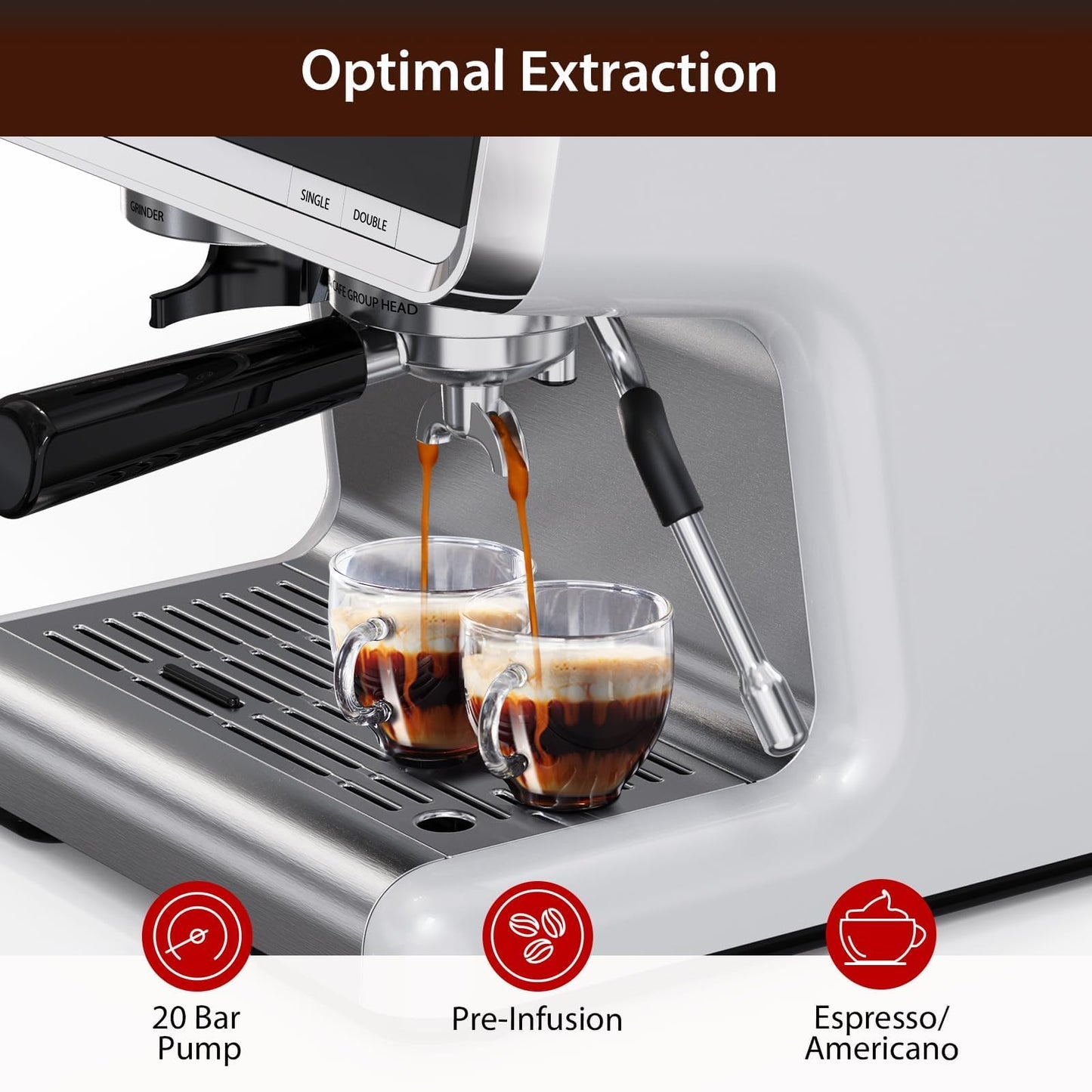 Garvee Espresso Coffee Machine with Grinder, 20 Bar Semi-Automatic Espresso Maker with Milk Frother Steamer Wand for Cappuccino, Latte, Macchiato, 2.8 L Water Tank, PID Temperature Control,Bright Silver