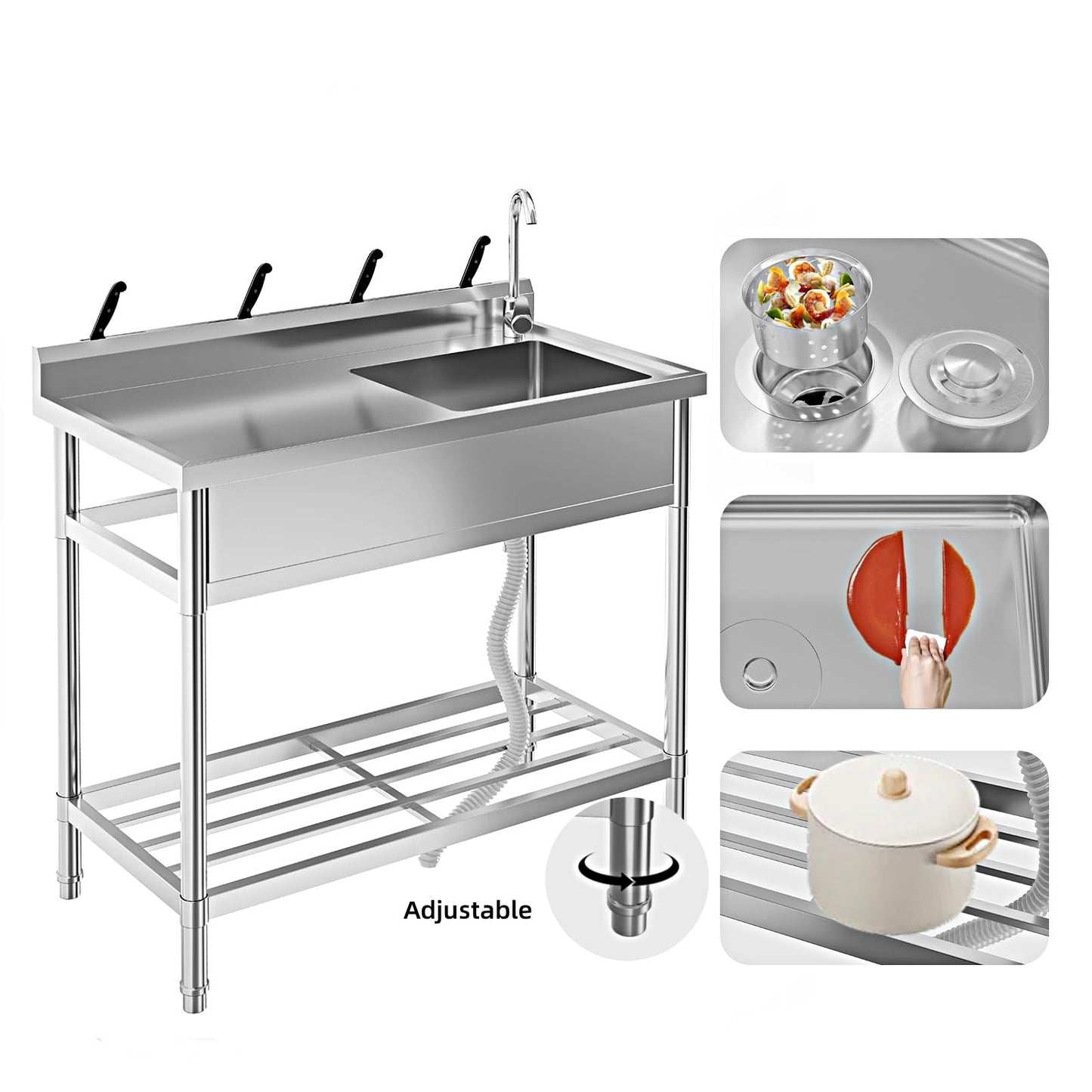 Garvee 20"D x 39"W x 37"H Free Standing Utility Sink Single Bowl Stainless Steel Commercial Kitchen Sink With Hot And Cold Water Pipe Indoor Outdoor Silver
