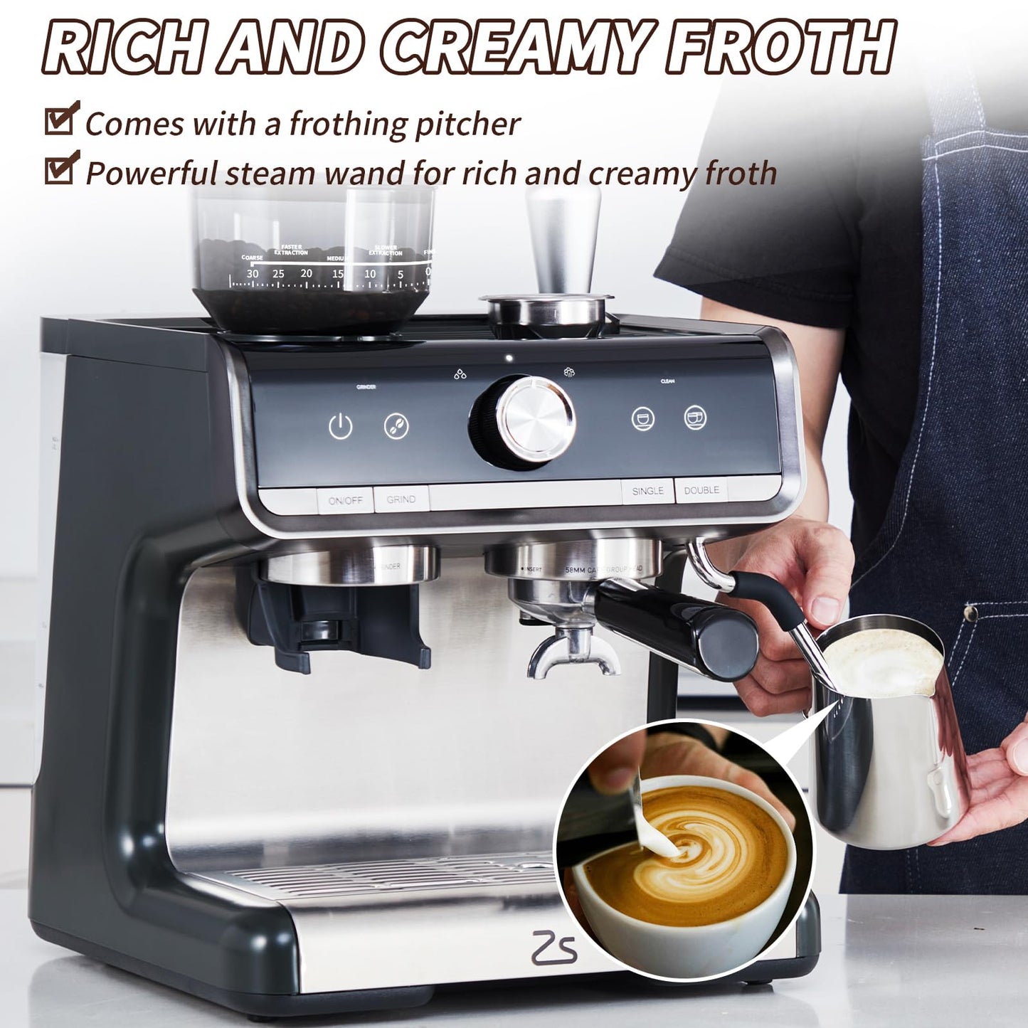 Garvee Professional Espresso Machine with Grinder: Brew Barista-Quality Coffee at Home,Professional Espresso Maker with Milk Frother Steam Wand, 20 Bar Barista Cappuccino Machine - Gray