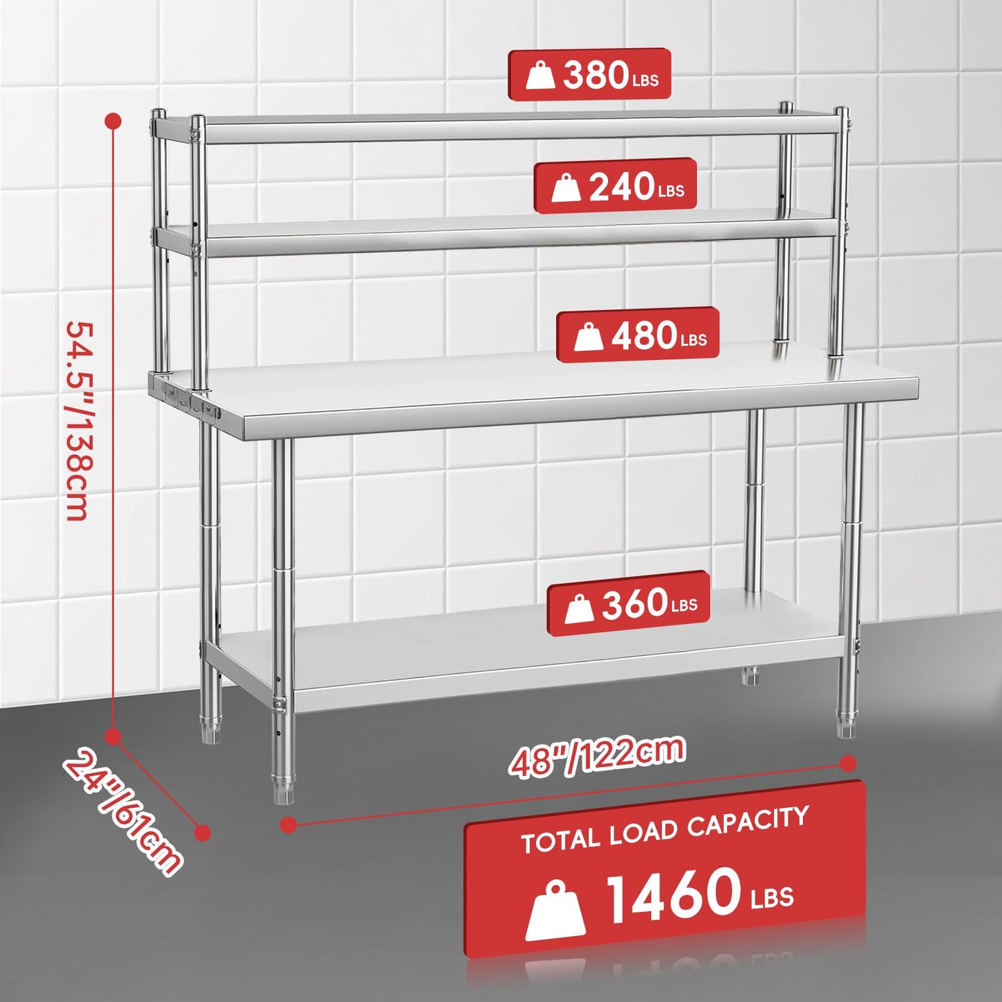 GARVEE 48"L x 24"W x 55"H Stainless Steel Table with 48" x 12" Overshelves - Commercial Kitchen Prep Table & Shelving Combo