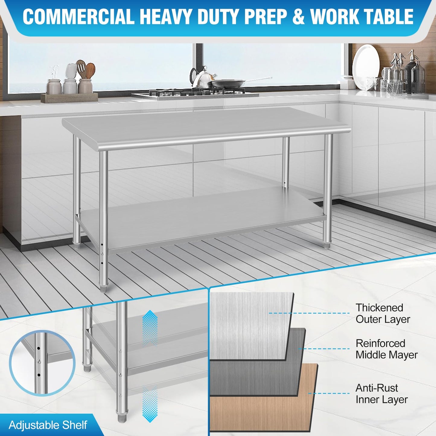 GARVEE 60"L x 24"W x 35"H Stainless Steel Prep Table - NSF Certified Heavy-Duty Commercial Table with Undershelf for Kitchen, Outdoor Cooking, Dining Room, Garage, and Laundry Room