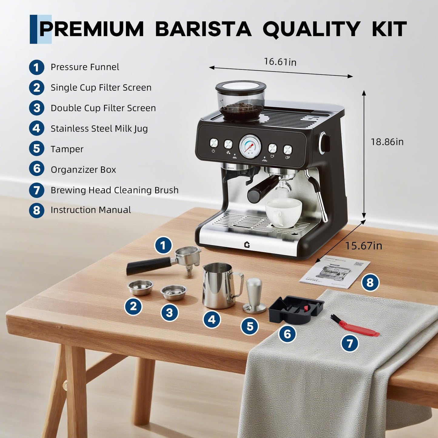 Garvee 20-Bar Stainless Steel All-in-One Espresso Machine with Grinder - 2.8L Removable Water Tank, Milk Frother Steam Wand, Adjustable Shot Volume for Latte and Cappuccino, Professional for Home and Office Use