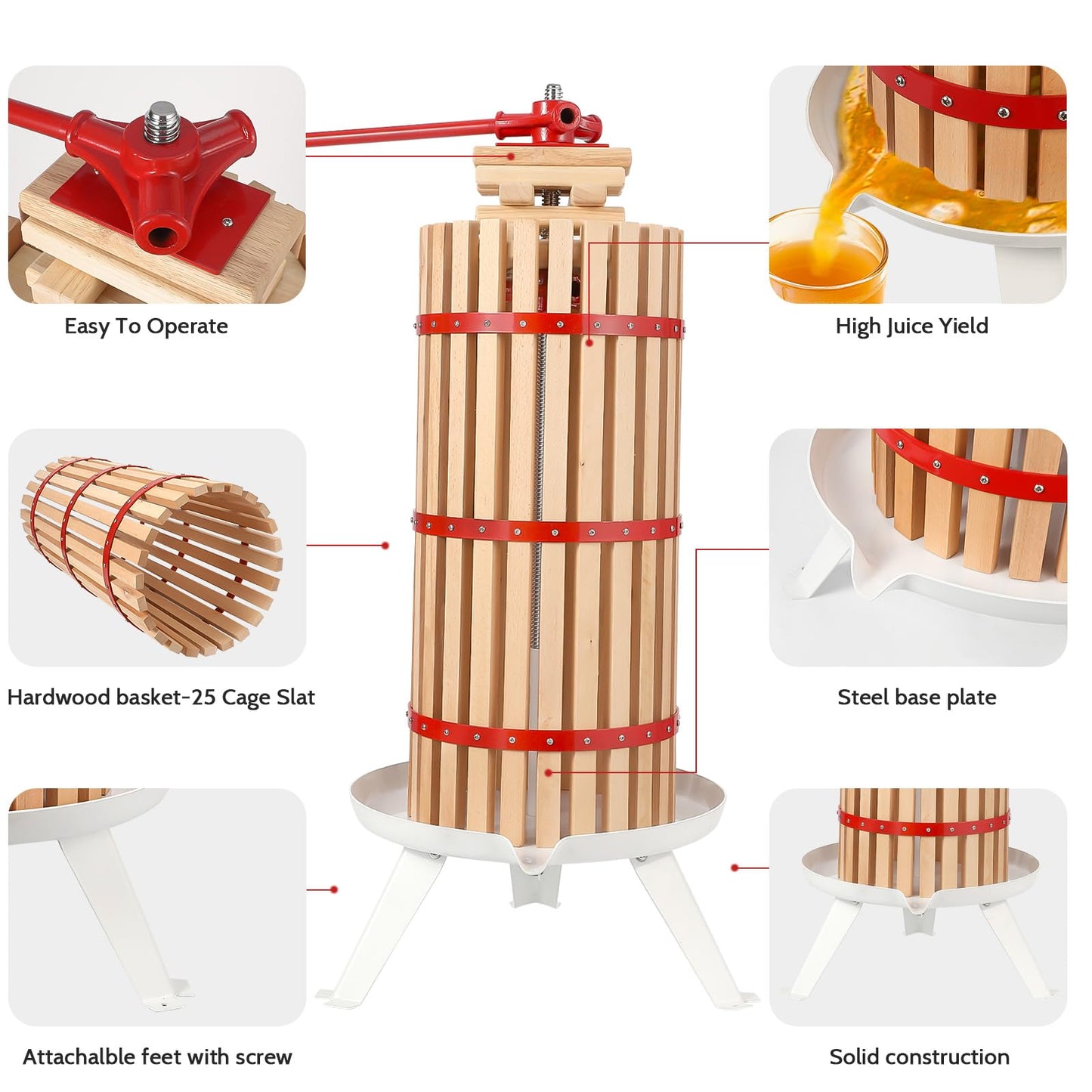 Garvee 7.9 Gal Manual Fruit Wine Press, Wood Steel Fruit and Wine Press With T-Handle, Stable Triangular Structure, Wine Making Press for Outdoor, Kitchen, Manual Assembly Required