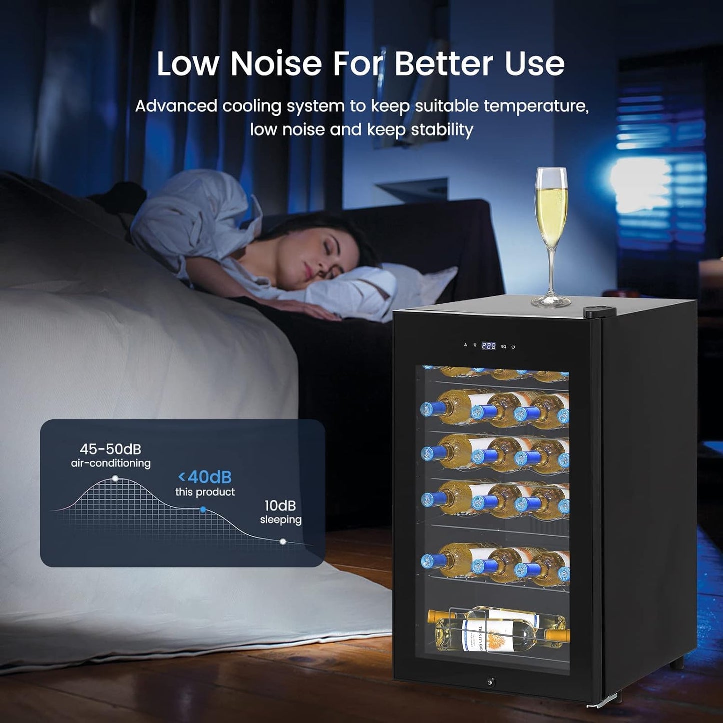 Garvee 24-Bottle Wine Cooler Refrigerator, Freestanding Compressor Wine Fridge with 40-65°F Digital Temperature Control, UV-Resistant Glass Door, and Chrome Shelves for Red, White, and Champagne