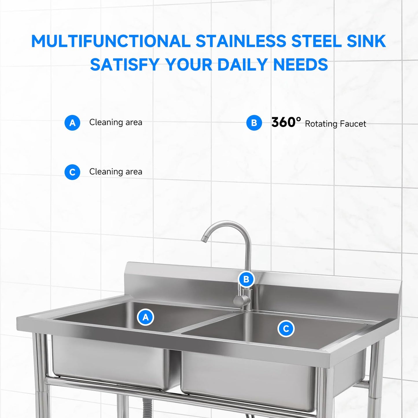 GARVEE 39.4"W x 19.7"D x 33.5"H Stainless Steel Utility Sink - Freestanding Double Bowl Prep Sink with Undershelf, Hot & Cold Water Pipes, and Faucet for Restaurants, Laundry Rooms, Garages, Bars, and Workshops