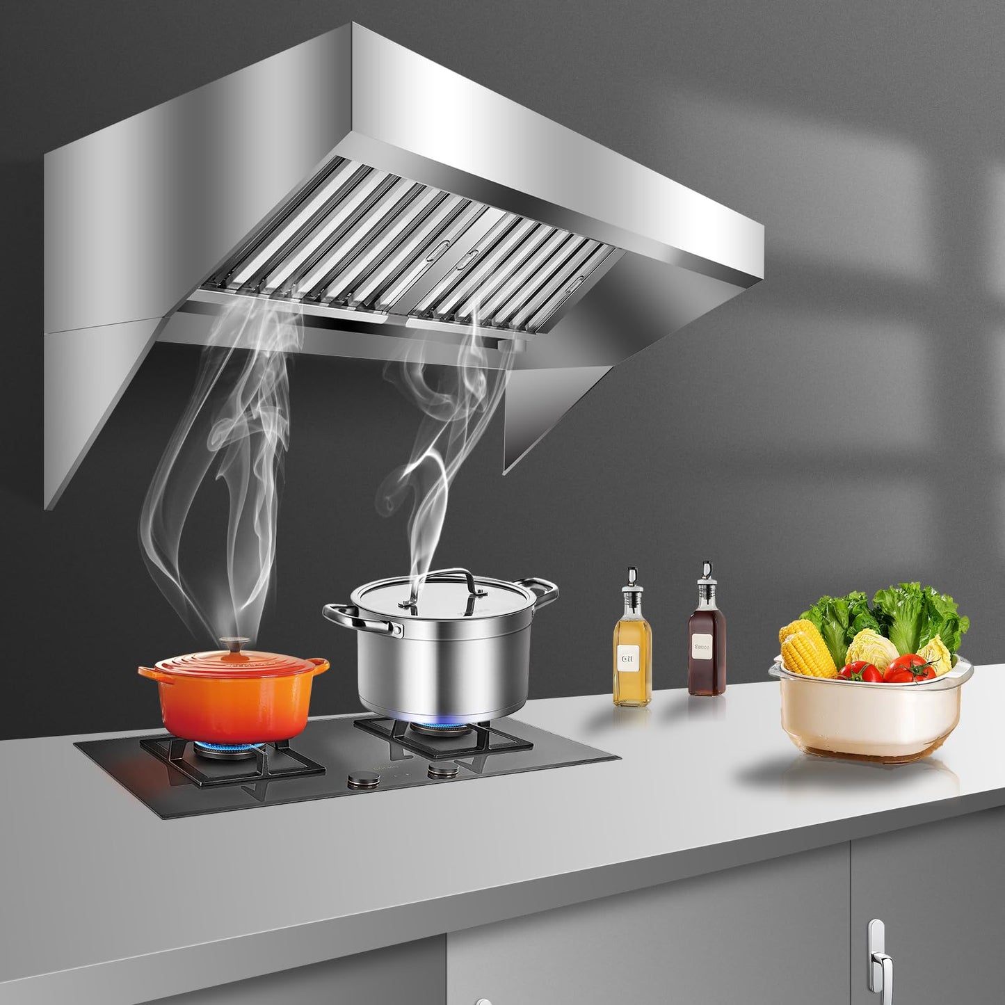 Garvee Commercial Exhaust Hood 4FT Rust Resistant 201 Stainless Steel with 2 Detachable U-shaped Grid Oil Filter Mesh for Kitchen Restaurant