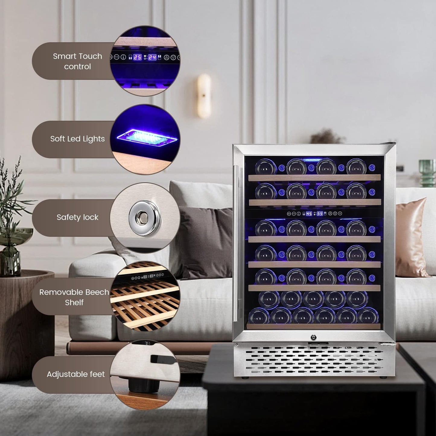 Garvee Wine Cooler Refrigerator 51 Bottles Compressor Dual Zone Built-in or Freestanding Fridge with Seamless Stainless Steel & Triple-Layer Tempered Reversible Glass Door and Temperature Memory Function