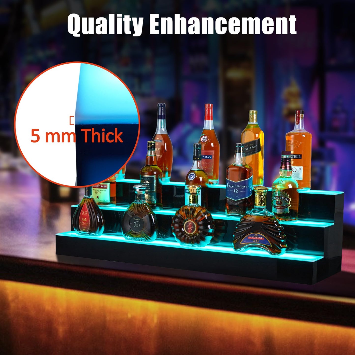 Garvee LED Lighted Liquor Bottle Display, 3 Tier 30 Inch Wall Mounted Acrylic Liquor Shelf with Wine Holder Slots, 4 Modes, 16 Colors, Remote & App Control for Home Commercial Bar