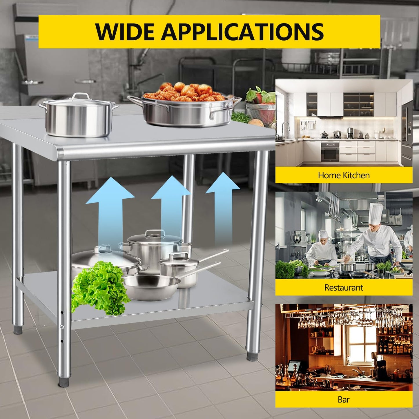 GARVEE 48"L x 24"W x 35"H Stainless Steel Prep Table - Commercial Heavy-Duty Work Table with Adjustable Undershelf and Backsplash for Kitchen, Restaurant, Home, and Hotel