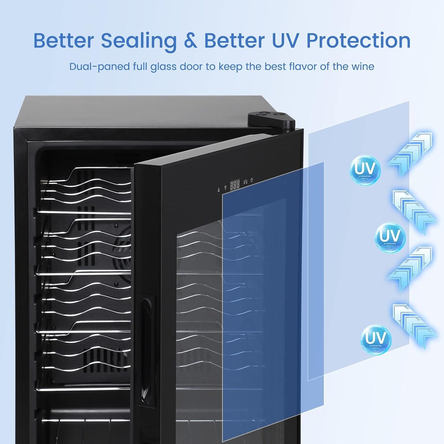 Garvee 24-Bottle Wine Cooler Refrigerator, Freestanding Compressor Wine Fridge with 40-65°F Digital Temperature Control, UV-Resistant Glass Door, and Chrome Shelves for Red, White, and Champagne