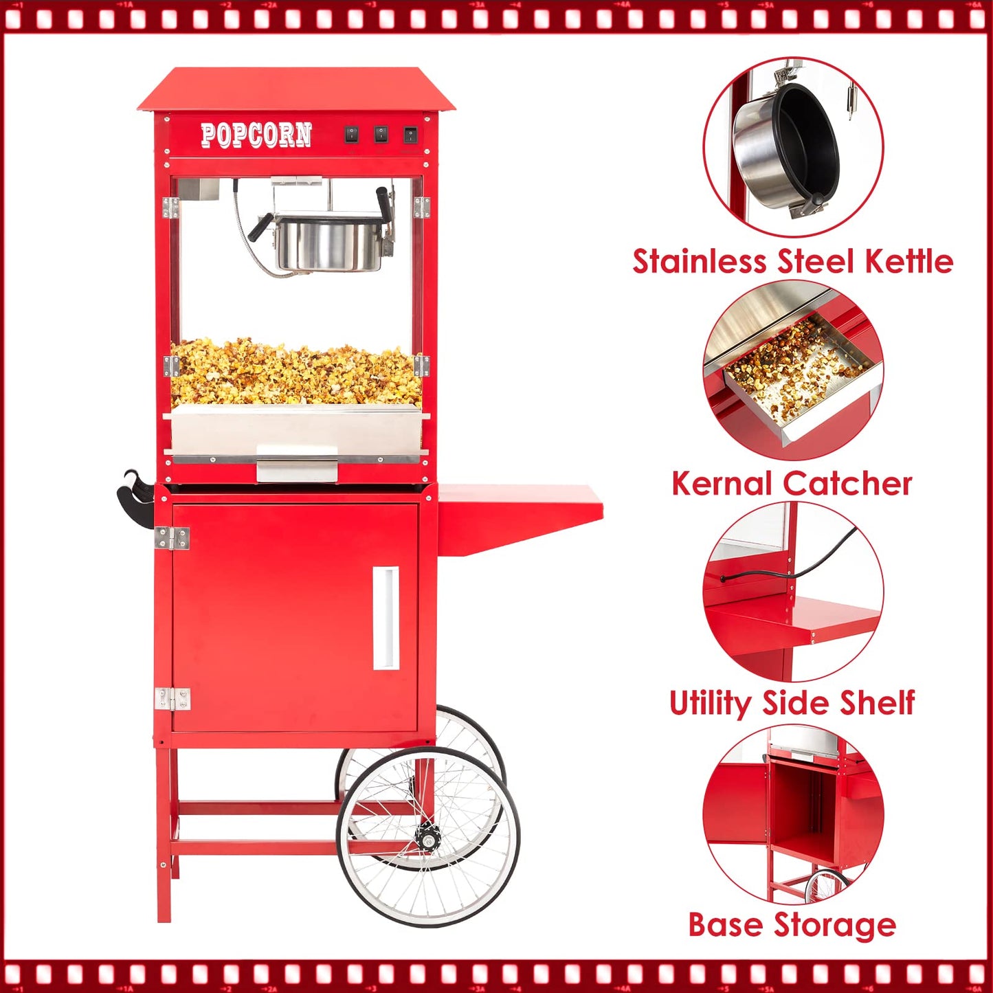 Garvee Popcorn Machine, Commercial Popcorn Machine With Cart, Popcorn Maker Machine With Stainless-Steel 8oz Kettle Makes Up To 60 Cups, Vintage Style