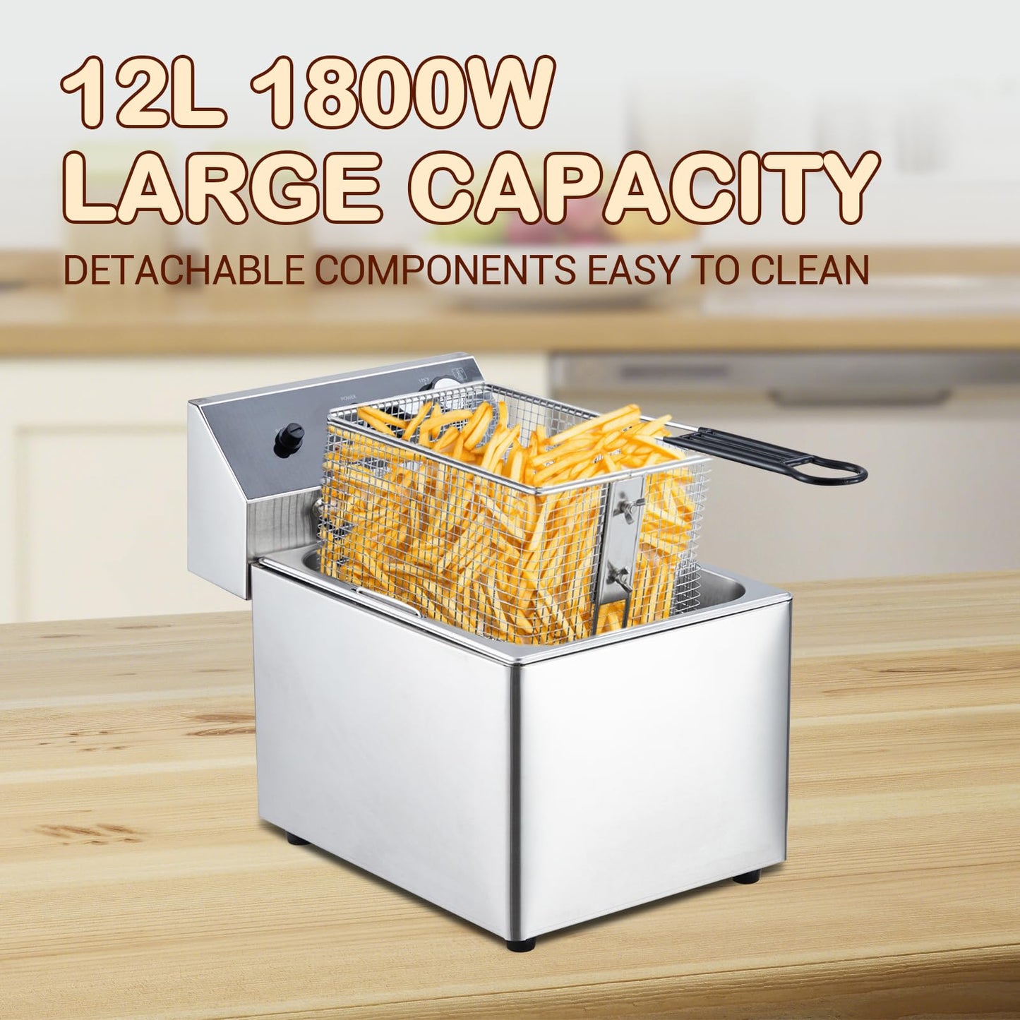 Garvee 12L 1800W Commercial Electric Deep Fryer - Stainless Steel Countertop Fryer with Basket & Lid for Home/Restaurant (110V)