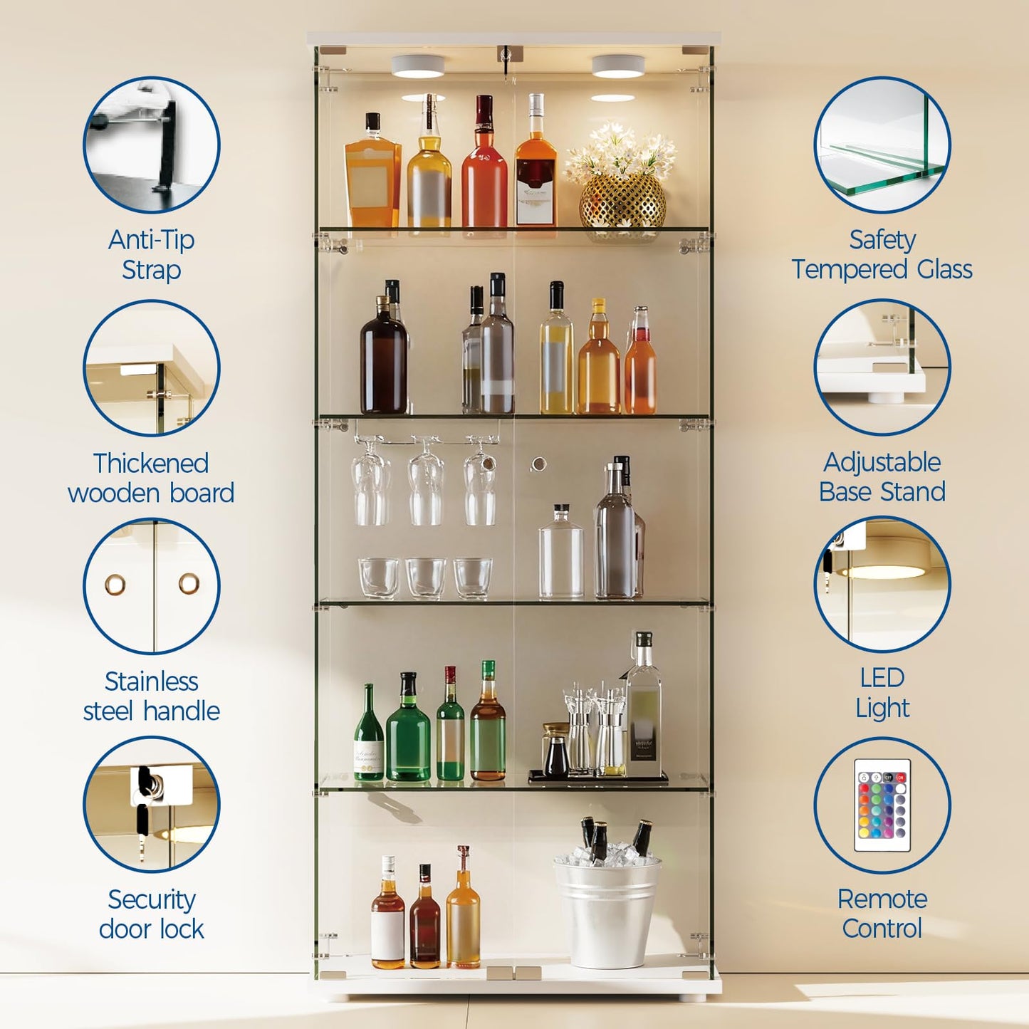 GARVEE Glass Display Case with LED Lights 32"L x 14"W x 74"H Tempered Glass Display Case, 5 Adjustable Lighted Bar Shelves with Lock, Slim Depth for Bar Bottle Storage, Living Room, Bedroom, or Office (White)