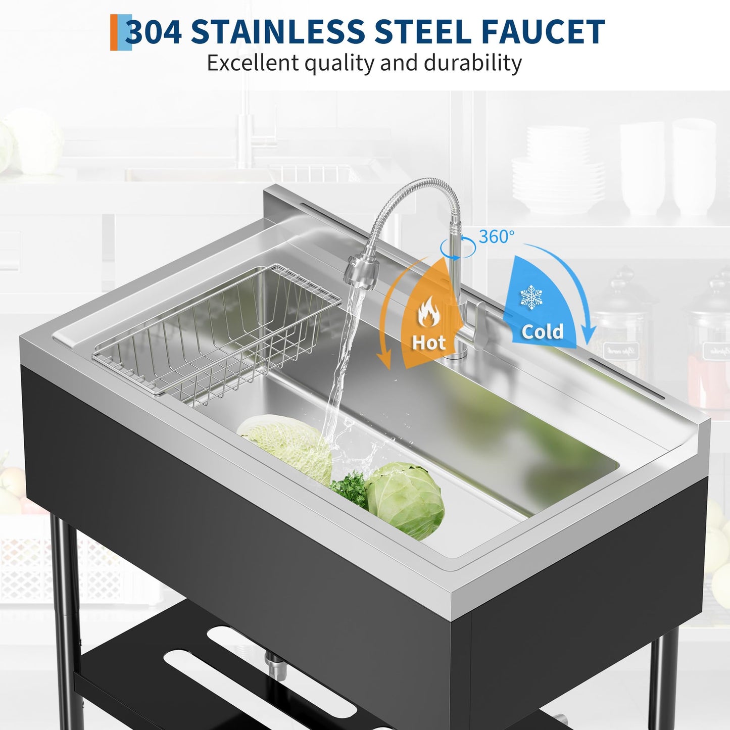 Garvee 20"D X 36"W X 35.5"H Commercial Stainless Steel Utility Sink, Black, Freestanding Kitchen Sink with Hot & Cold Water Faucet for Indoor and Outdoor Use