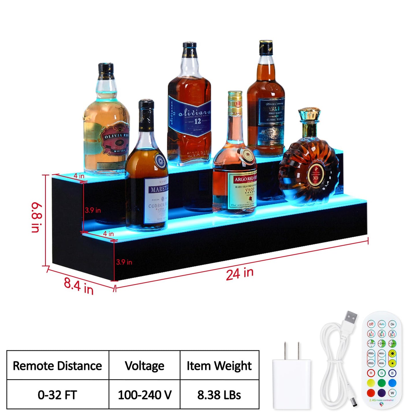 Garvee 24" LED Acrylic Bar Bottle Display Shelf - 2-Tier Commercial/Home Liquor Shelf with Remote & App Control, 20 Static Colors, USB-Powered