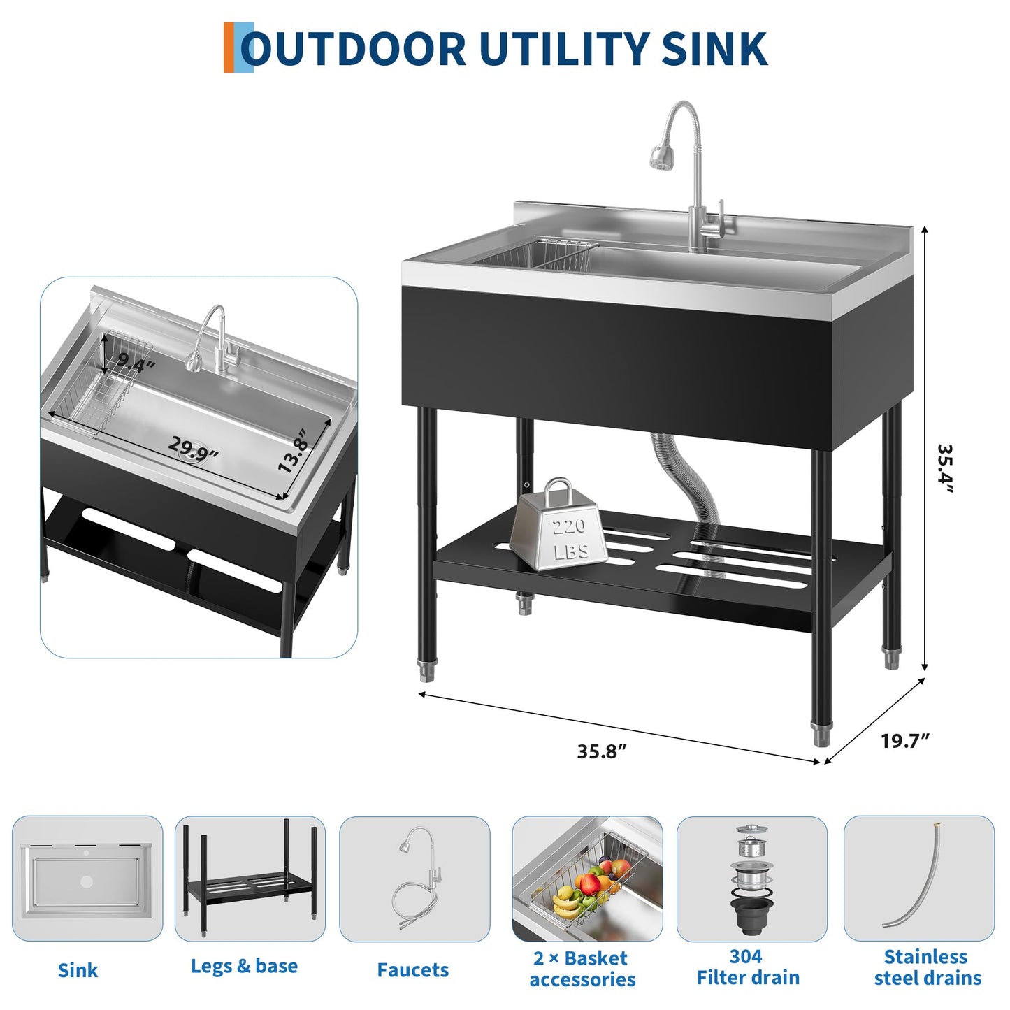 Garvee 20"D X 36"W X 35.5"H Commercial Stainless Steel Utility Sink, Black, Freestanding Kitchen Sink with Hot & Cold Water Faucet for Indoor and Outdoor Use