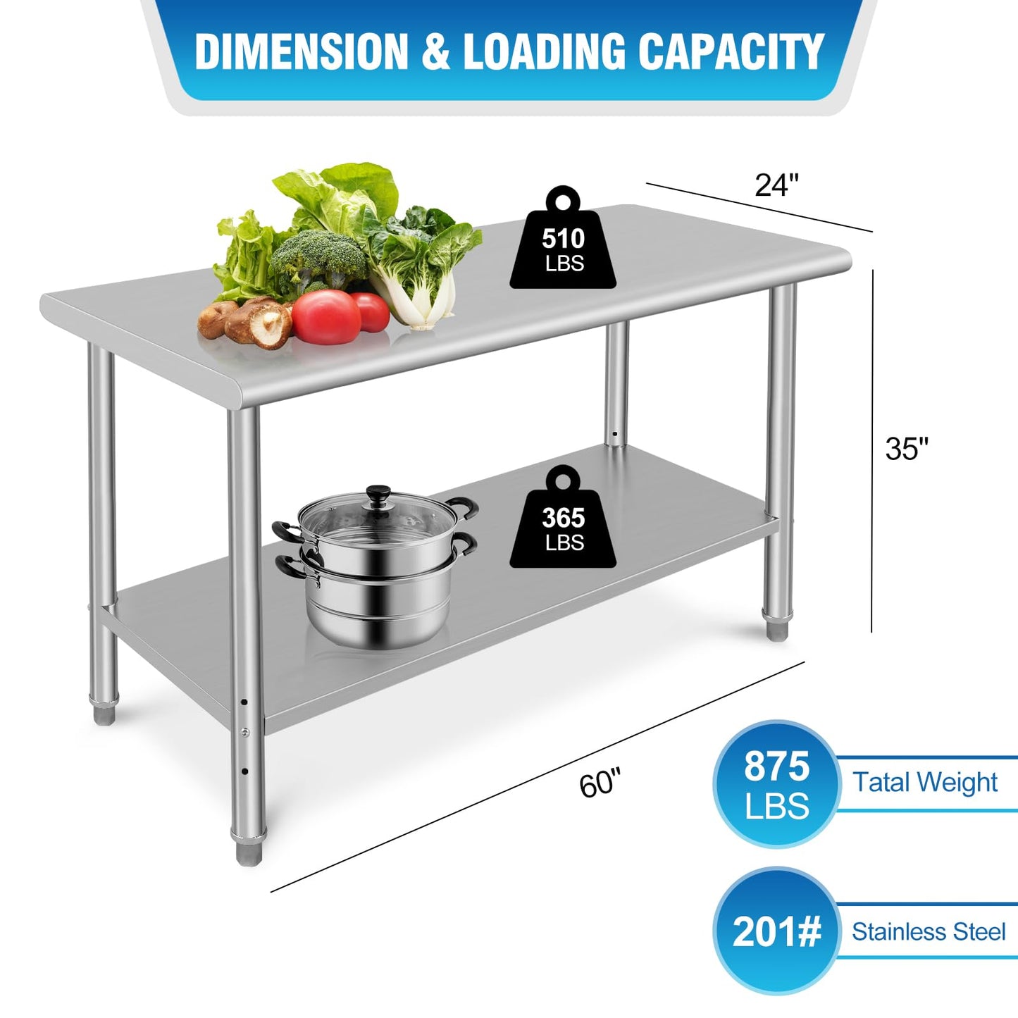GARVEE 60"L x 24"W x 35"H Stainless Steel Prep Table - NSF Certified Heavy-Duty Commercial Table with Undershelf for Kitchen, Outdoor Cooking, Dining Room, Garage, and Laundry Room