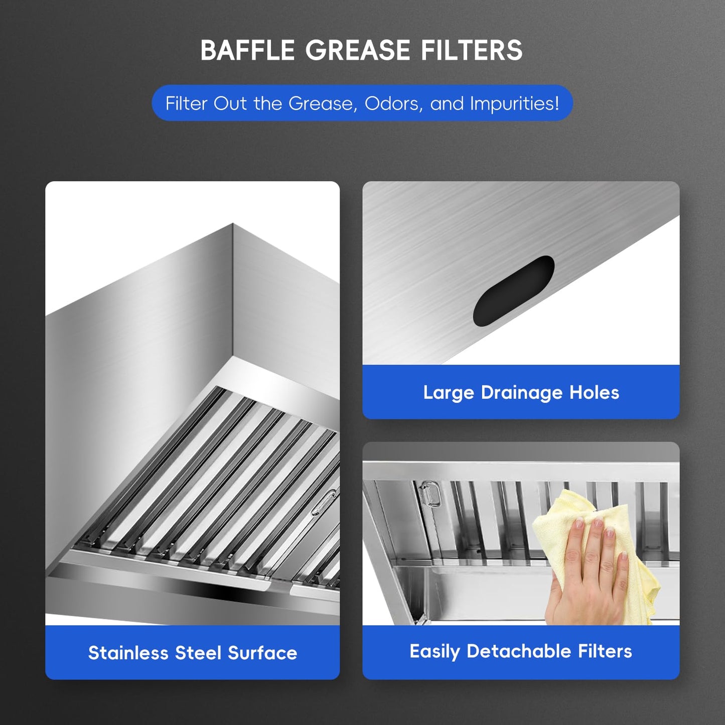 Garvee Commercial Exhaust Hood 8FT Rust Resistant 201 Stainless Steel with 4 Detachable U-shaped Grid Oil Filter Mesh for Kitchen Restaurant