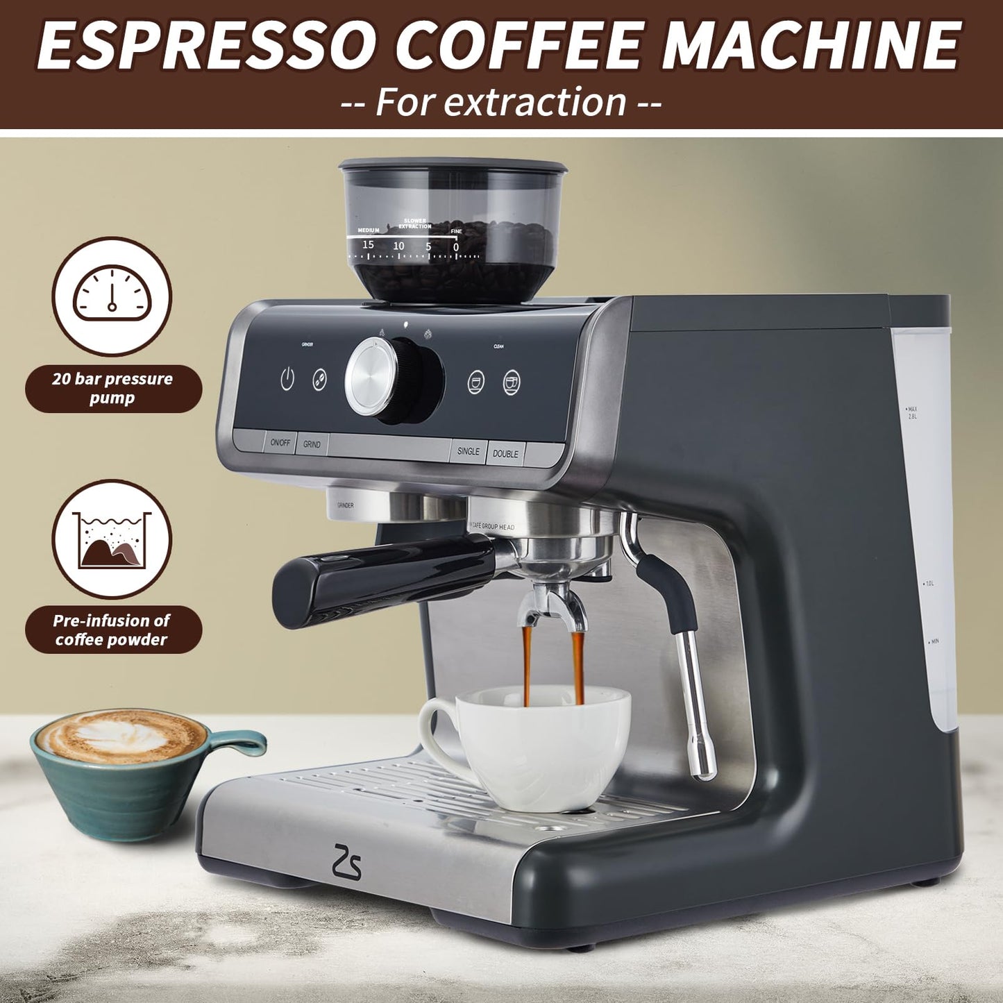 Garvee Professional Espresso Machine with Grinder: Brew Barista-Quality Coffee at Home,Professional Espresso Maker with Milk Frother Steam Wand, 20 Bar Barista Cappuccino Machine - Gray