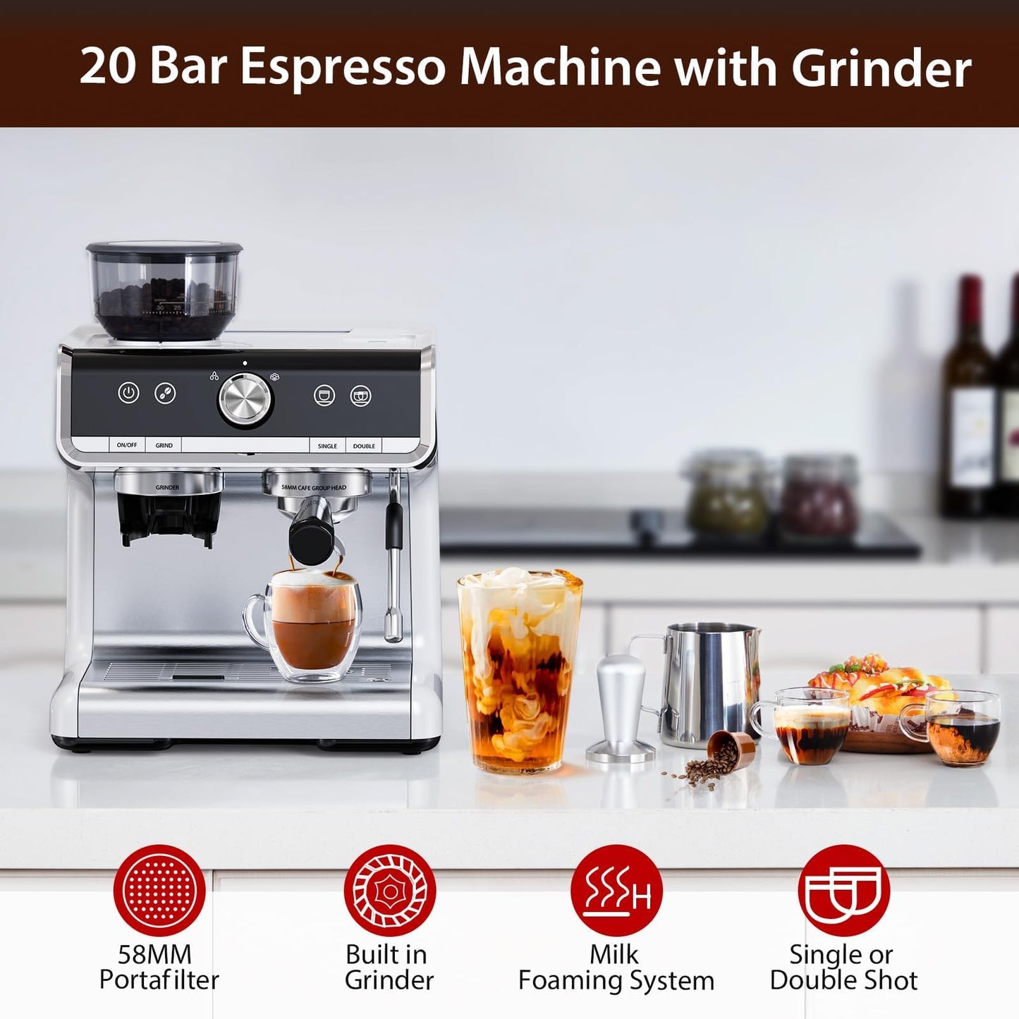 Garvee Espresso Coffee Machine with Grinder, 20 Bar Semi-Automatic Espresso Maker with Milk Frother Steamer Wand for Cappuccino, Latte, Macchiato, 2.8 L Water Tank, PID Temperature Control,Bright Silver