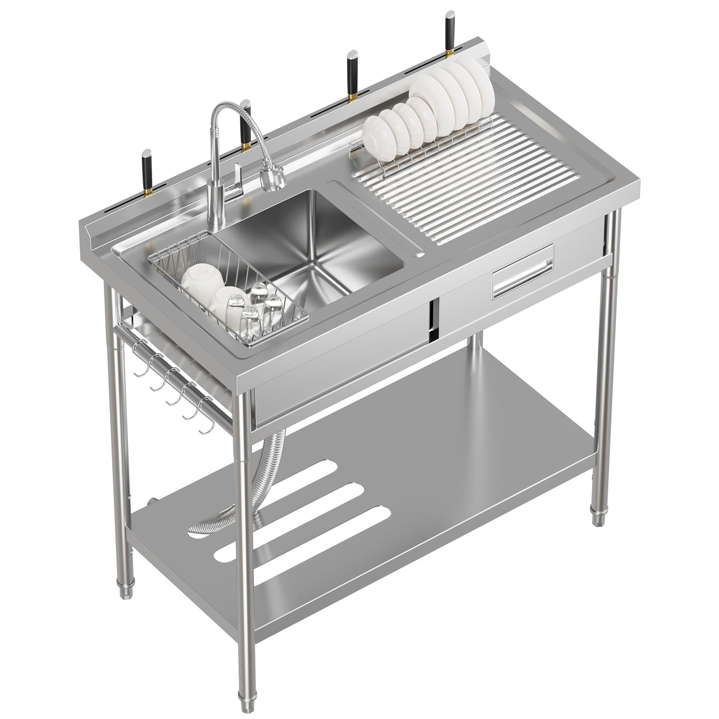 Garvee 20"D X 40"W X 39"H Commercial Stainless Steel Utility Sink Freestanding Single Bowl Kitchen Sink with Cold & Hot Water Faucet Laundry Room Garage Rust-Resistant