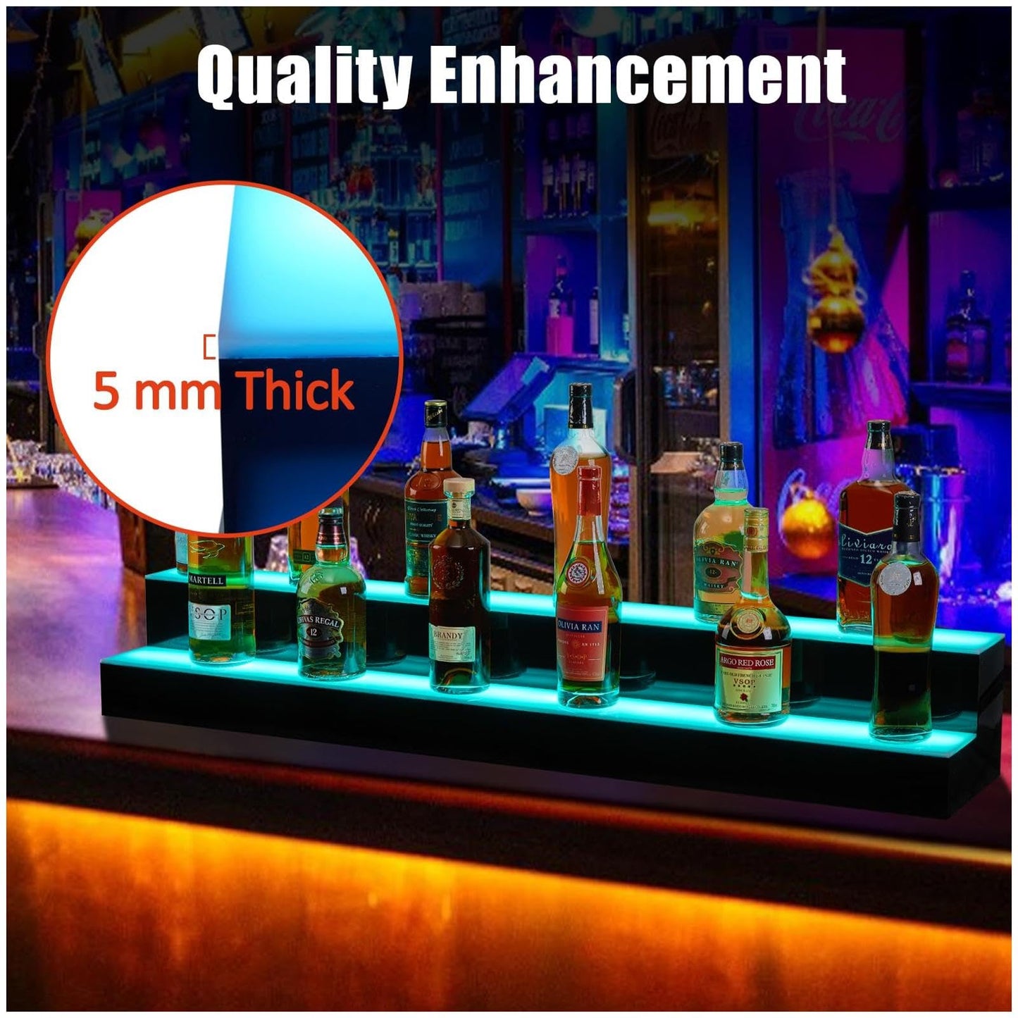 Garvee LED Lighted Liquor Bottle Display Shelf 48 Inch 2-Tier Acrylic Remote App Control 16 Colors 4 Modes for Bars Restaurants