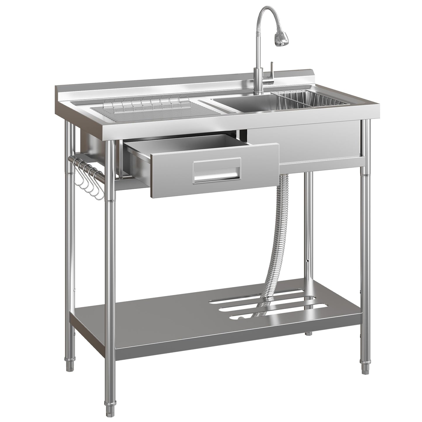 Garvee 20"D X 40"W X 39"H Stainless Steel Laundry Utility Sink, Freestanding Single Bowl Kitchen Sink with Hot & Cold Water Faucet, Built-In Wash Board, Drawer, Drain Basket, Dish Rack for Laundry Room, Garage, Durable Rust-Resistant