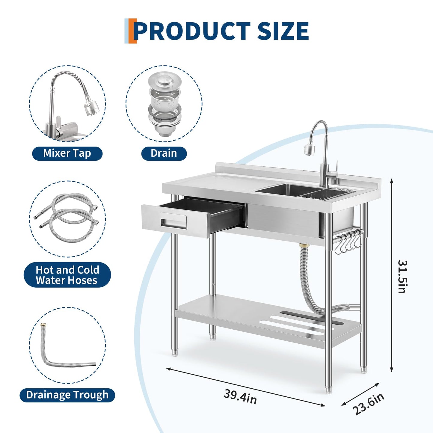 Garvee 24"D X 40"W X 32"H Freestanding Stainless Steel Utility Sink with Workbench, Left Drawer, Commercial Kitchen Sink, Hot & Cold Water Faucet, Adjustable Legs, Indoor Outdoor, Silver