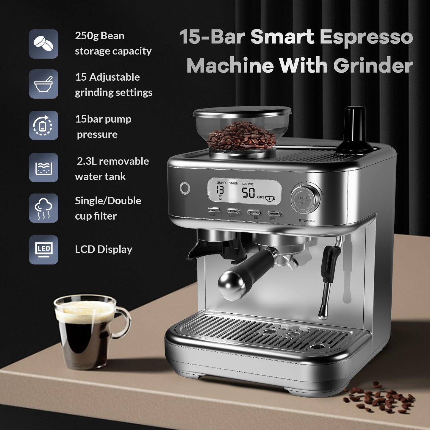 GARVEE 15-Bar All-in-One Espresso Machine with Built-In Grinder - Professional Coffee and Espresso Maker for Cappuccino and Latte, Semi-Automatic with 77 Oz Removable Water Tank, Silver