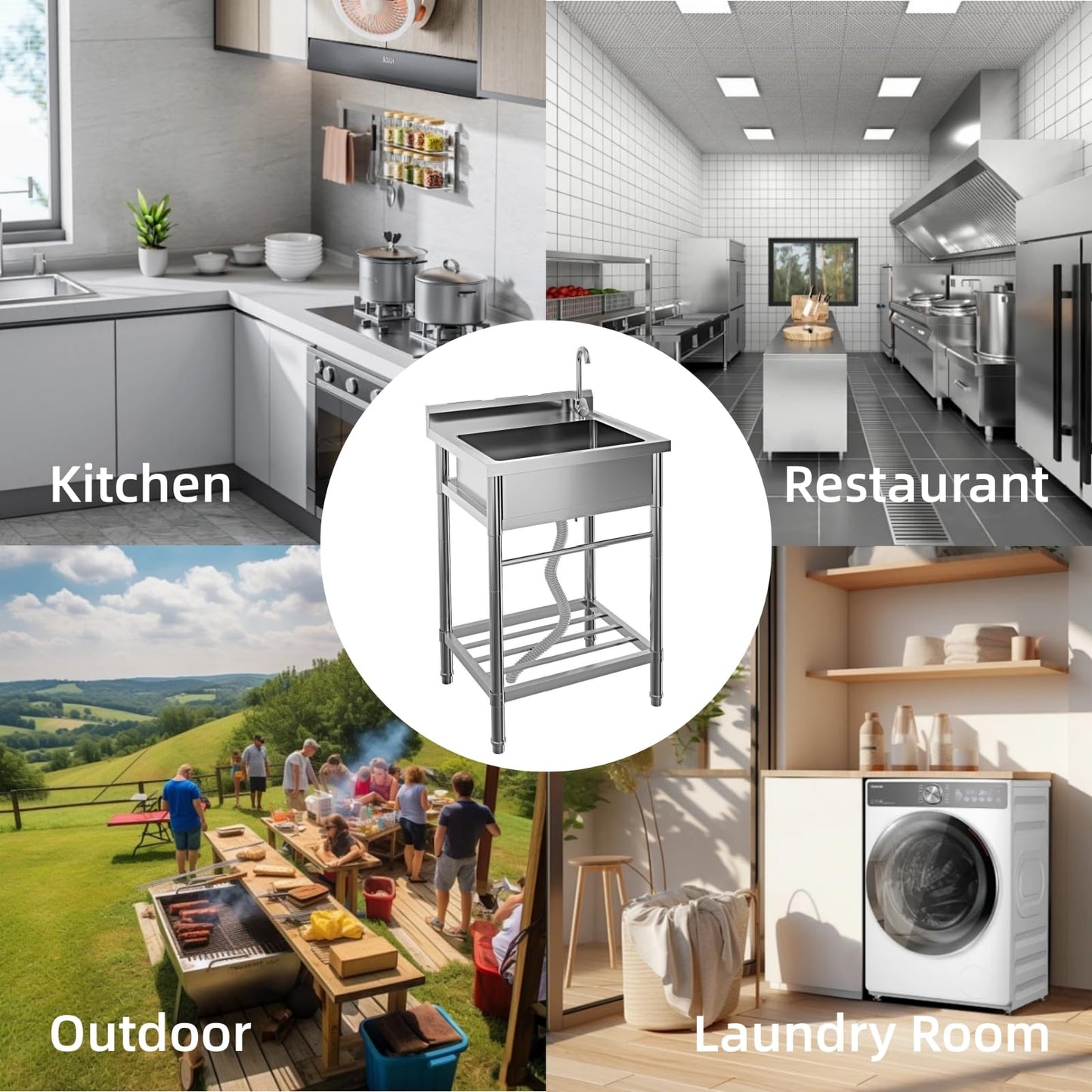 Garvee 20"D X 24"W X 41"H Free Standing Utility Sink Single Bowl Stainless Steel Commercial Kitchen Sink With Hot And Cold Water Pipe Indoor Outdoor