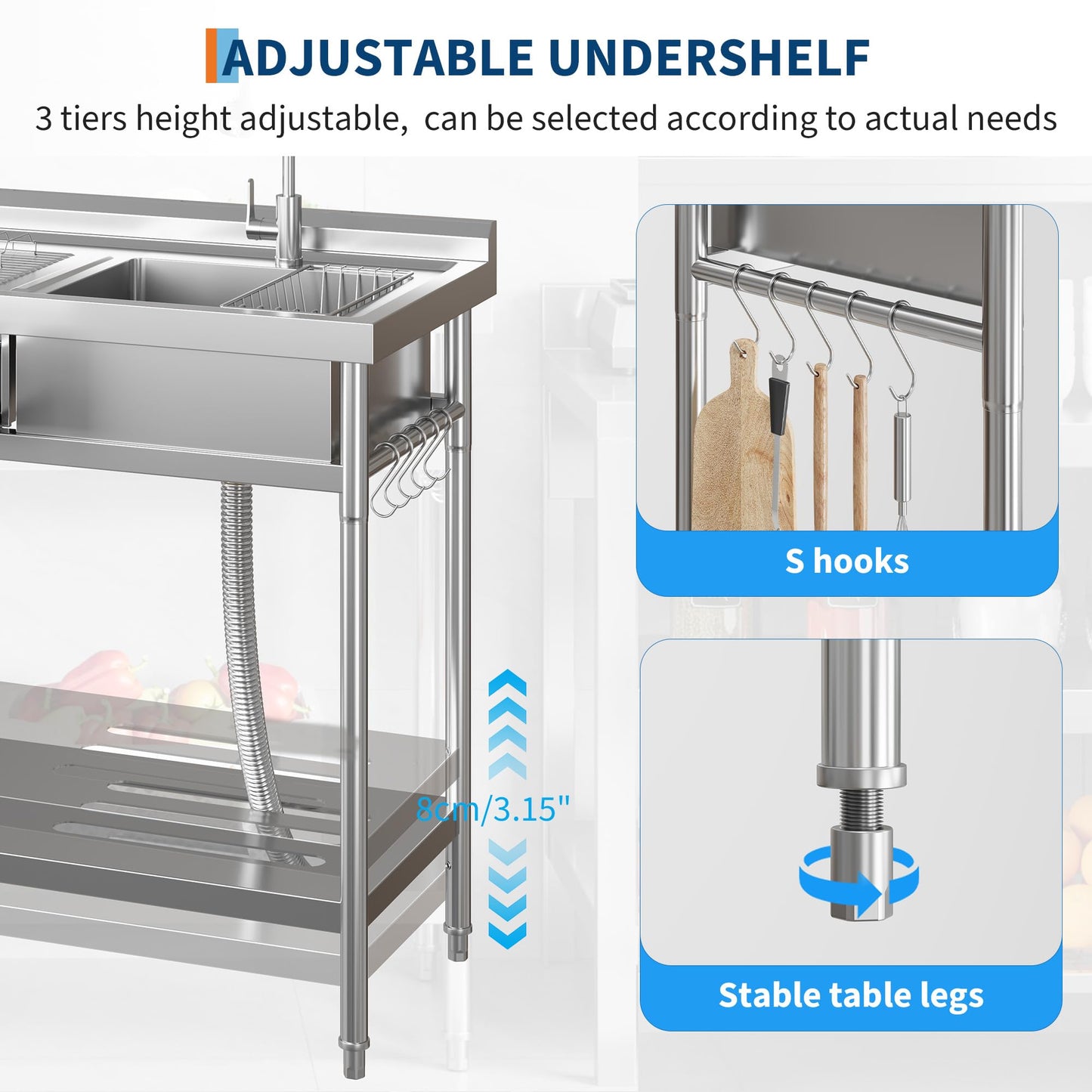 Garvee 20"D X 40"W X 39"H Commercial Stainless Steel Utility Sink Freestanding Single Bowl Kitchen Sink with Cold & Hot Water Faucet Laundry Room Garage Rust-Resistant