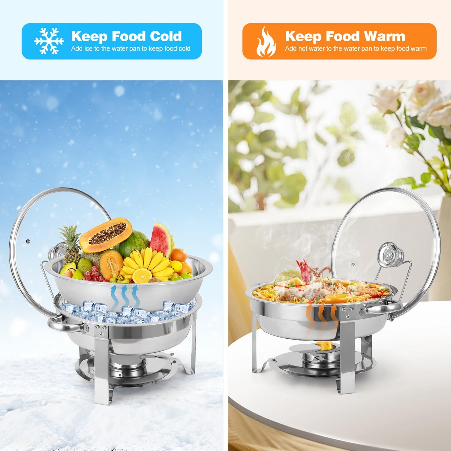 Garvee Chafing Dish Buffet Set 2 Pack 5QT, Stainless Steel Round Chafing Dishes for Buffet with Lid Holder & Glass Lid, Buffet Servers and Warmers for Parties, Wedding, Camping, Dinner, Silver