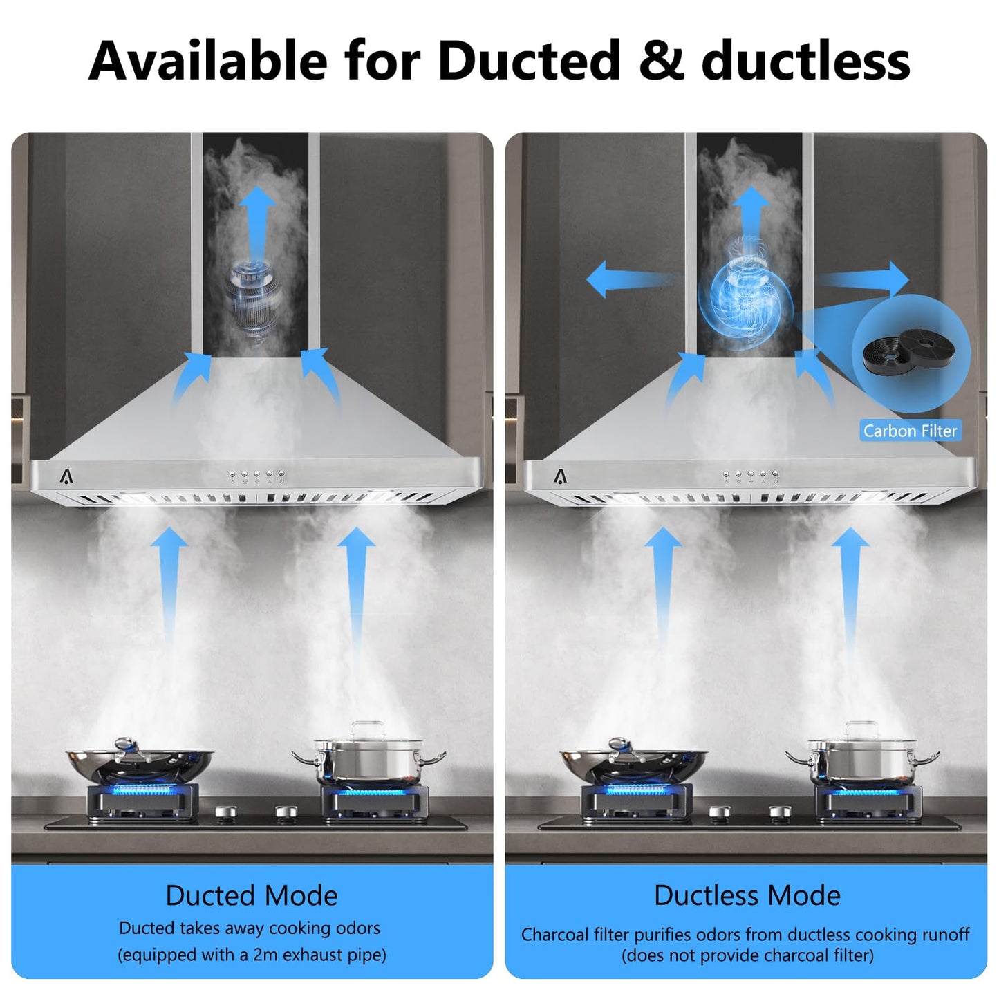 Garvee Range Hood 30 inch, Wall Mount Range Hood in Stainless Steel, Ducted/Ductless Convertible Duct, Kitchen Hood w/Baffle Filters, 3 Speed Fan, LED Light, Push Button Control