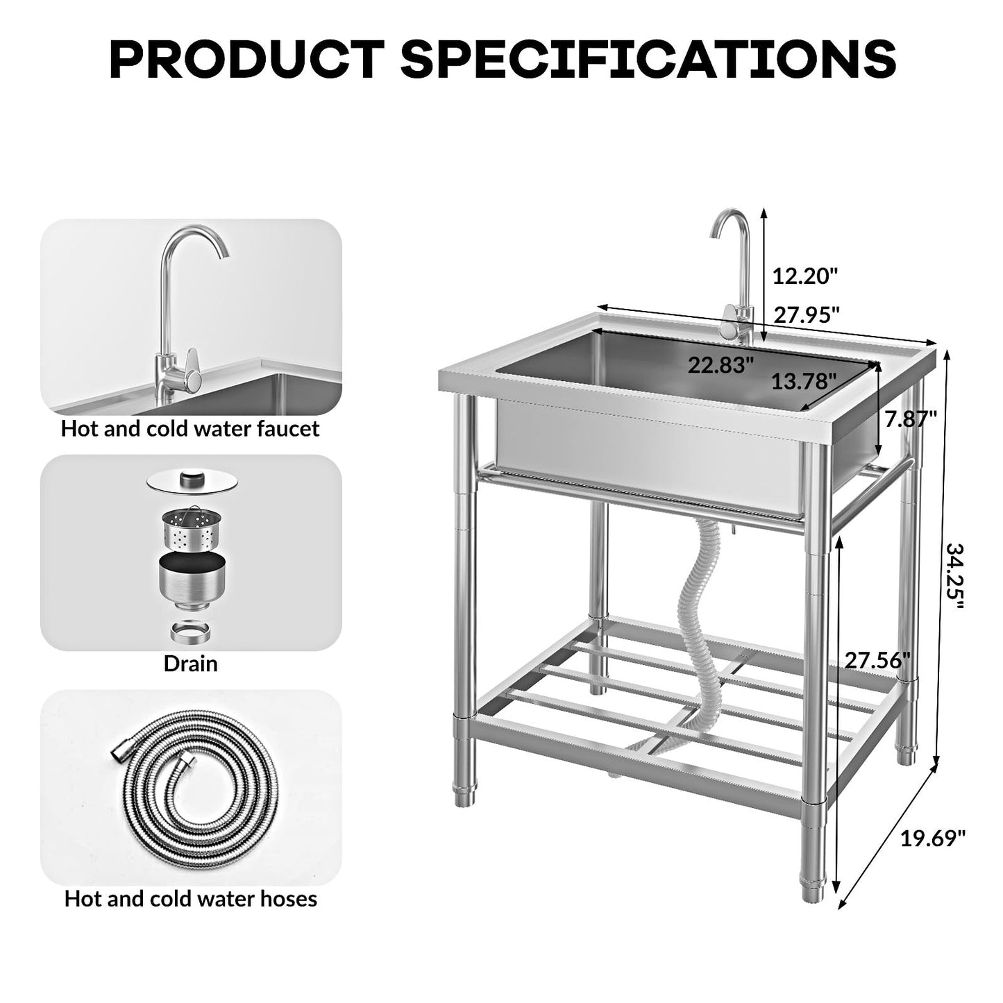 Garvee 20"D X 28"W X 34"H Free Standing Utility Sink Single Bowl Stainless Steel Commercial Kitchen Sink with Hot and Cold Water Pipes for Indoor and Outdoor Use
