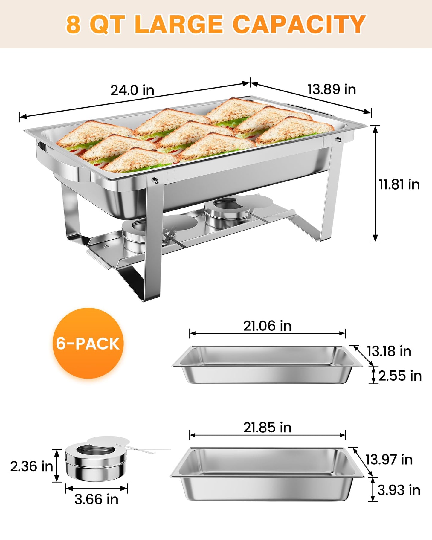 Garvee 8QT(1×1/1Pan)Chafing Dish Buffet Set of 6 Stainless Steel Food Servers & Warmers, Includes Water Pan, for Weddings, Parties, Banquets, Catering