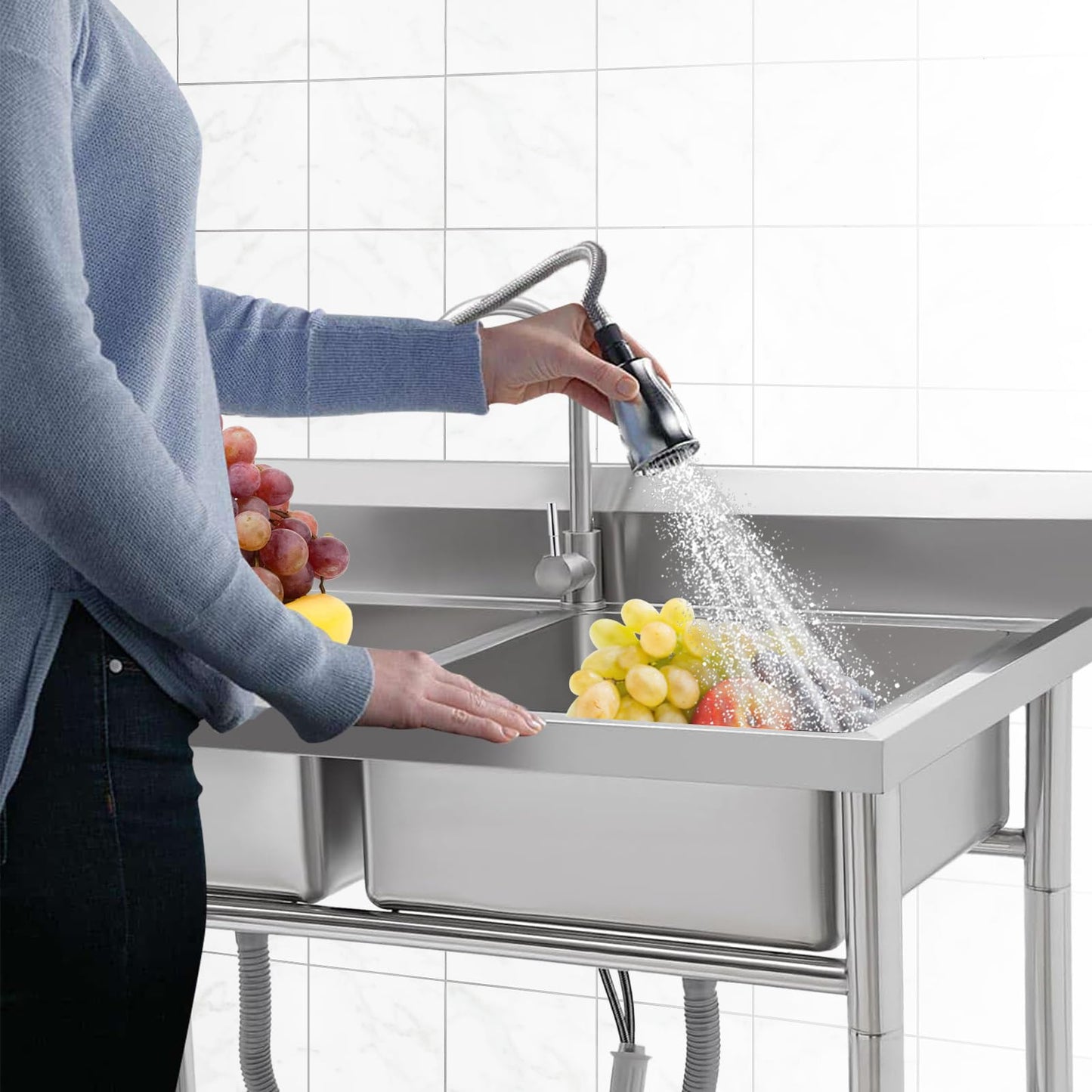 GARVEE 39.4"W x 19.7"D x 33.5"H Stainless Steel Utility Sink - Freestanding Double Bowl Prep Sink with Undershelf, Hot & Cold Water Pipes, and Faucet for Restaurants, Laundry Rooms, Garages, Bars, and Workshops